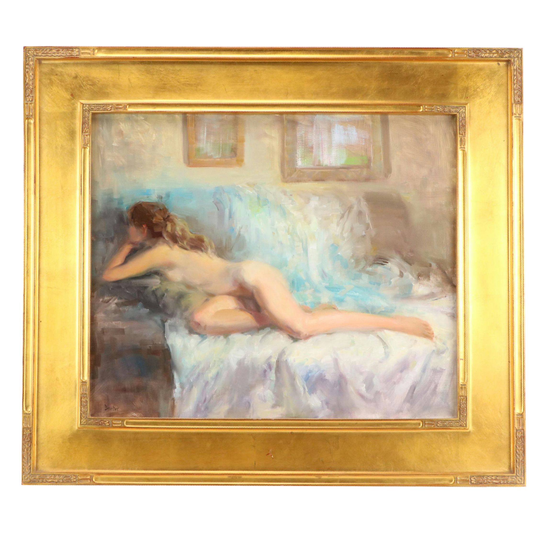 Stacy Barter Figural Oil Painting of Reclining Nude "Cool Light Falling"