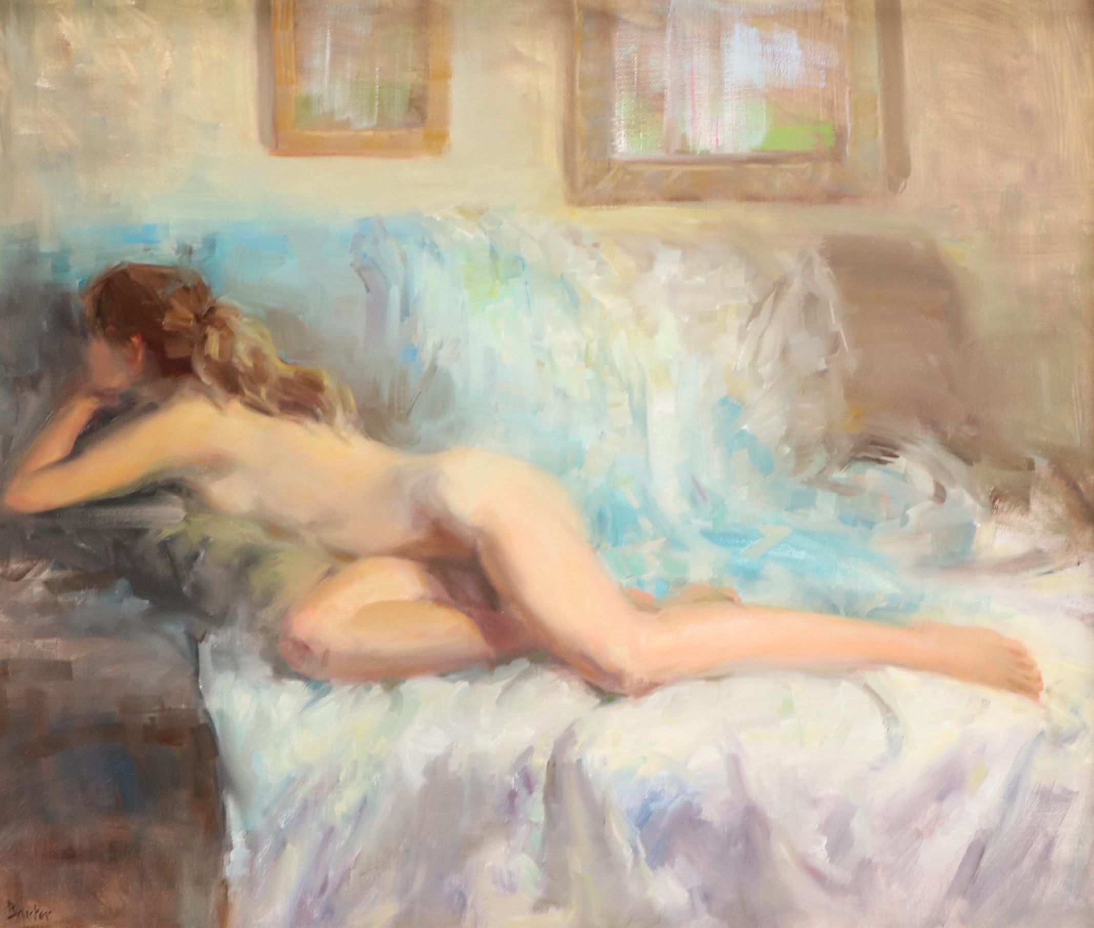 Stacy Barter Figural Oil Painting of Reclining Nude "Cool Light Falling"