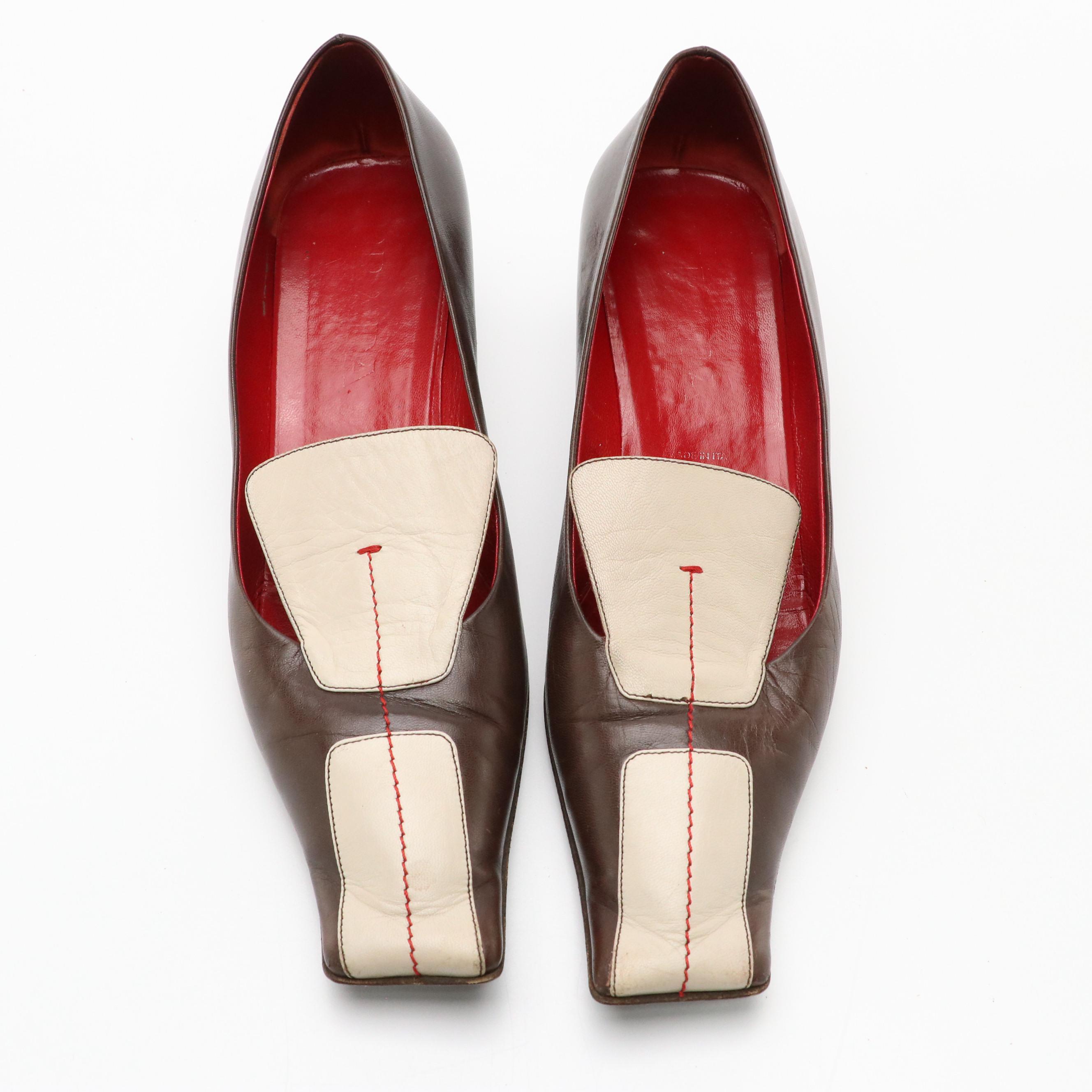 Prada Brown & White Leather Square-Toe Kitten Heels, 1990s