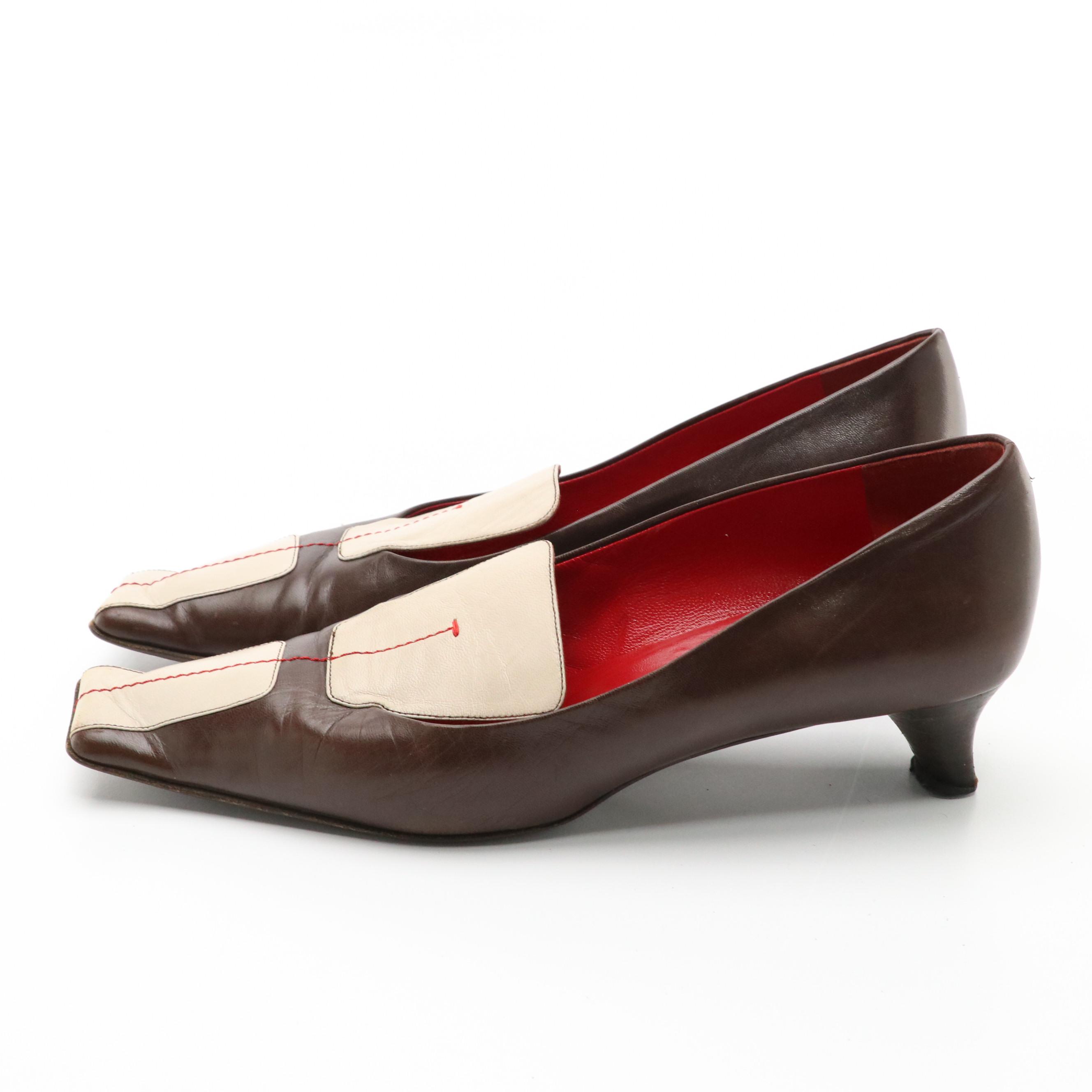 Prada Brown & White Leather Square-Toe Kitten Heels, 1990s