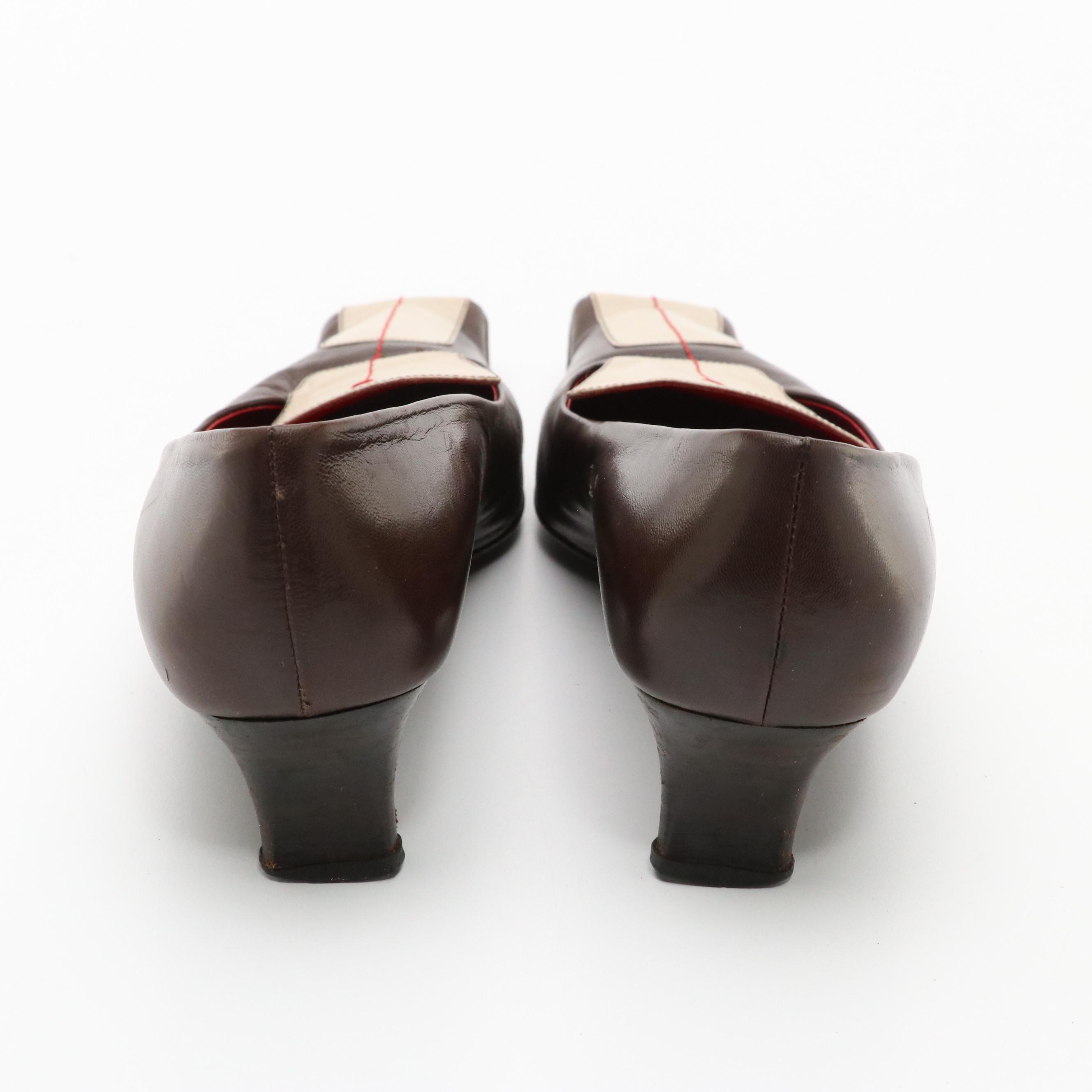 Prada Brown & White Leather Square-Toe Kitten Heels, 1990s