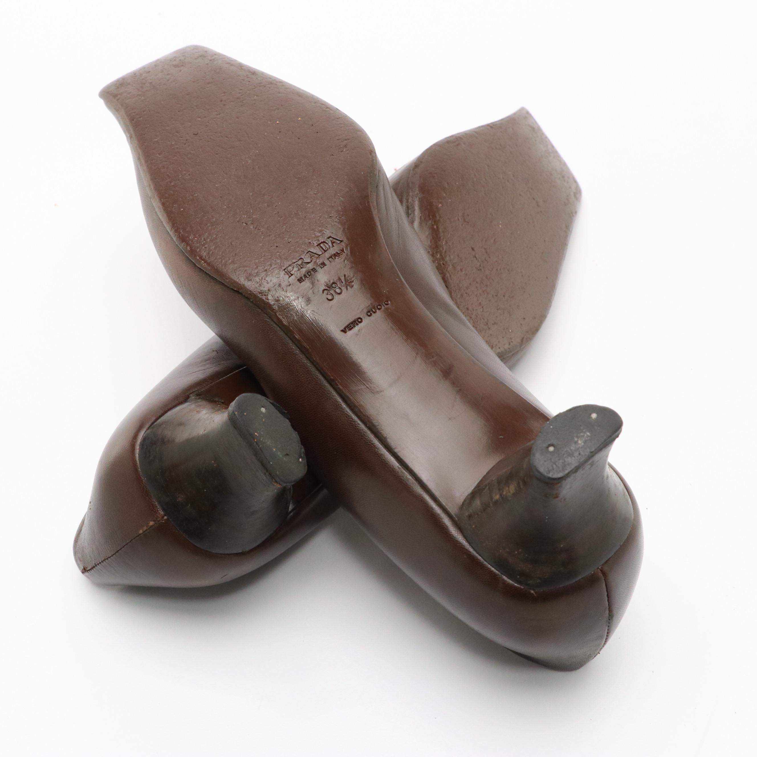 Prada Brown & White Leather Square-Toe Kitten Heels, 1990s