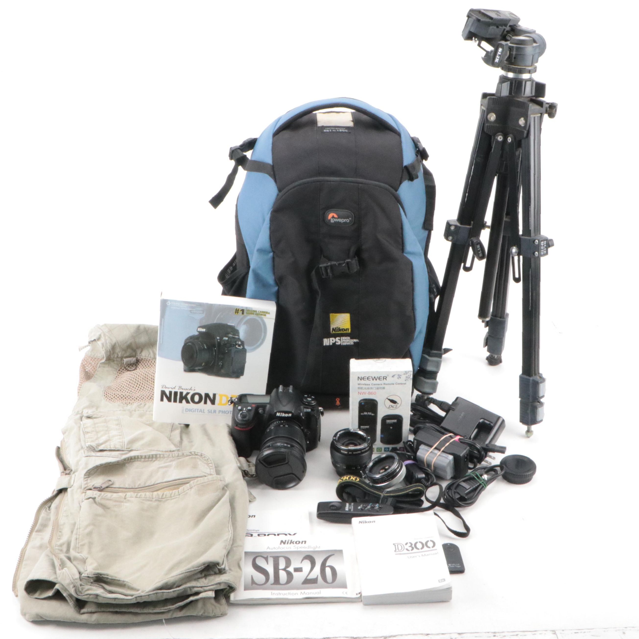 Nikon D300 Digital Camera with Lowepro Camera Backpack, Slik Tripod and More