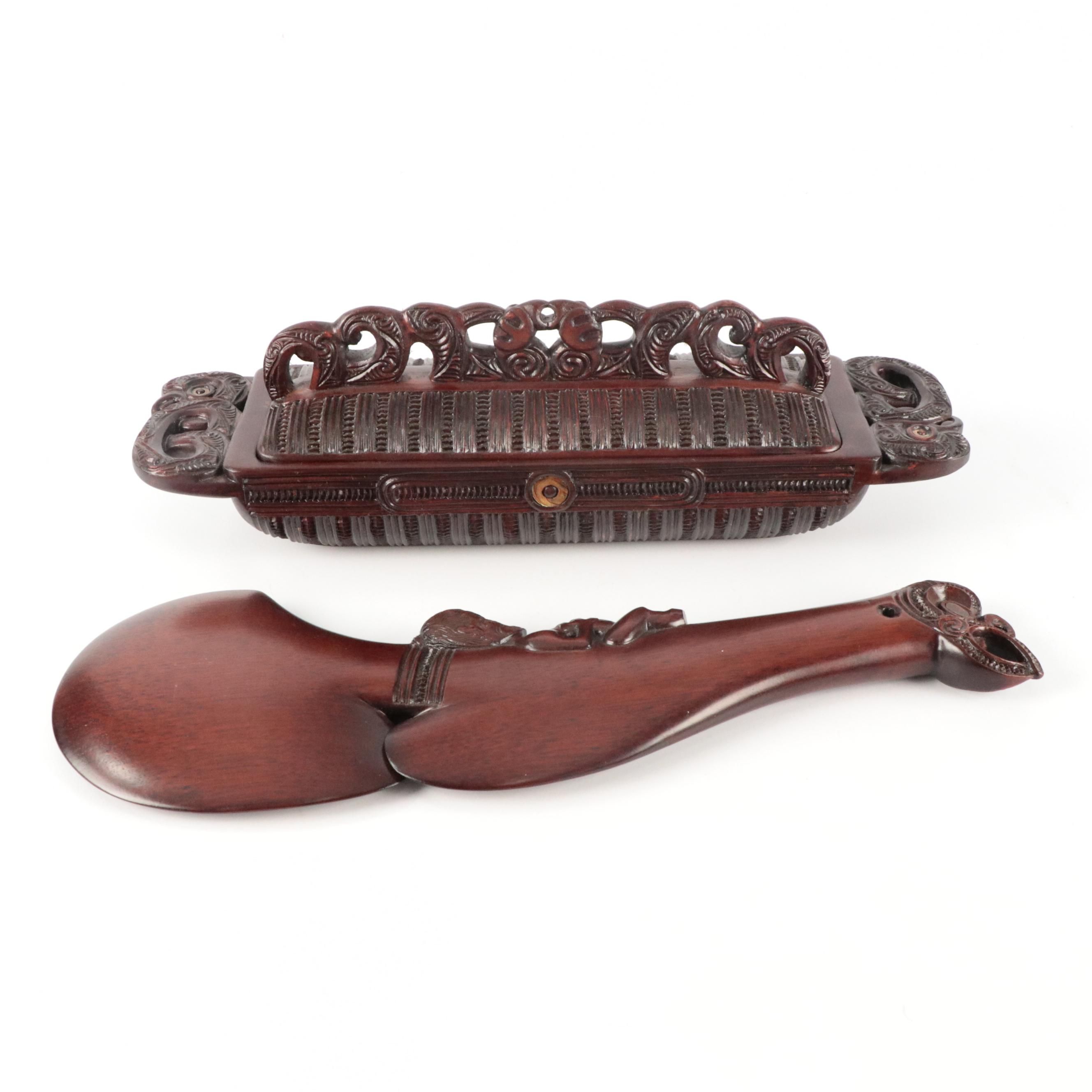 Māori Hand-Carved Wood & Abalone "Wahaika" Club with "Papahou" Treasure Box