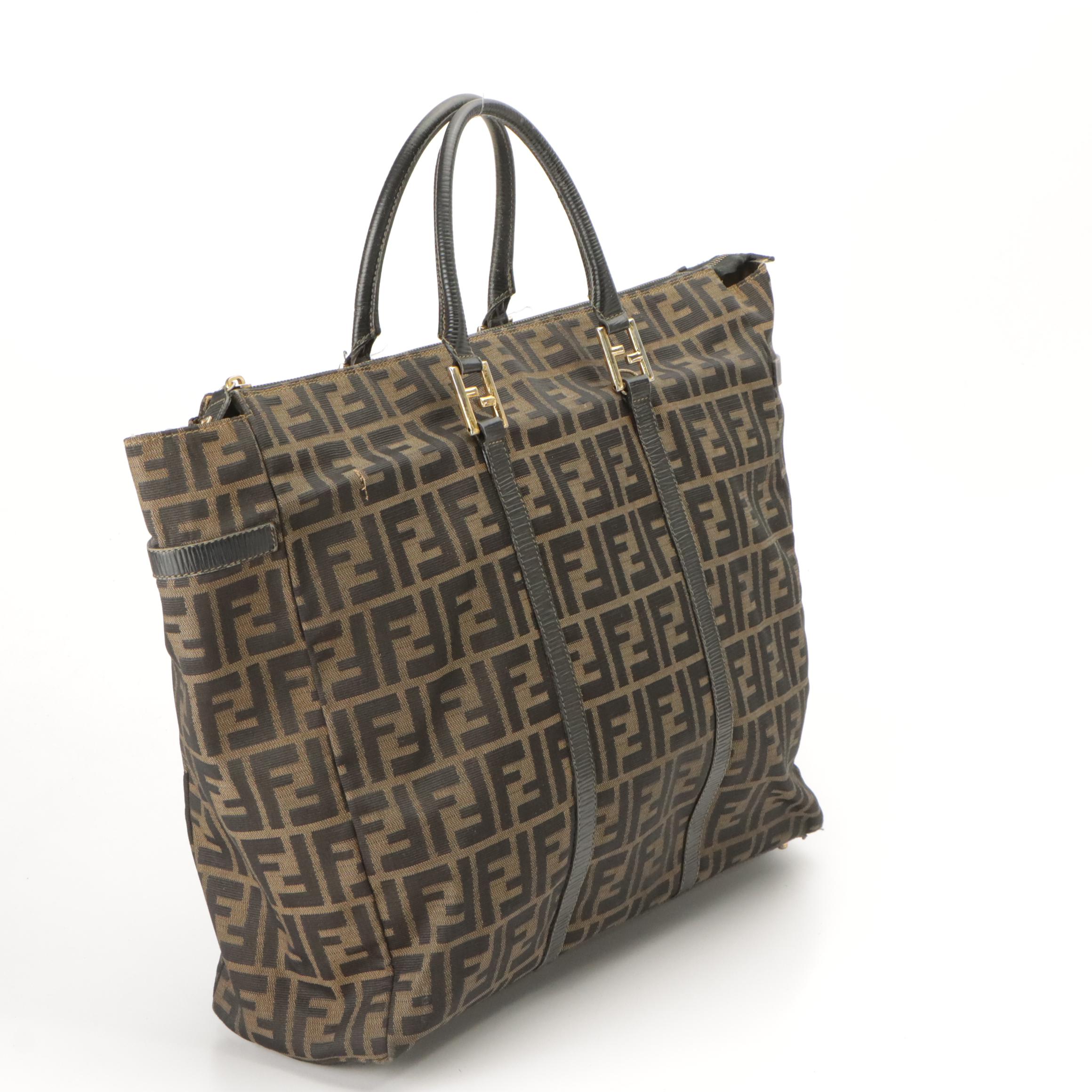 Fendi Vintage Leather-Trimmed Zucca Jacquard Canvas Top Handle Tote