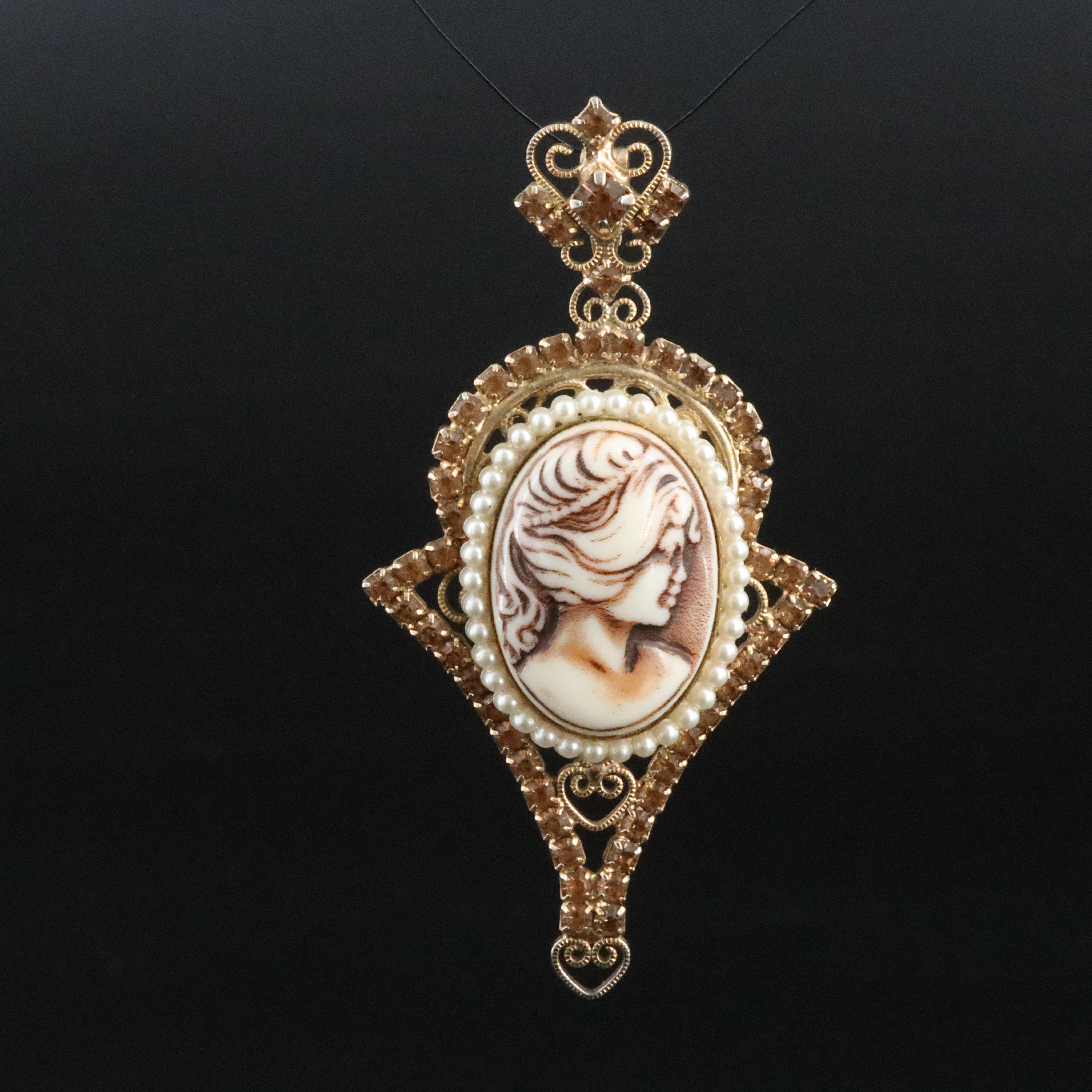 Resin, Faux Pearl and Rhinestone Cameo Converter Brooch