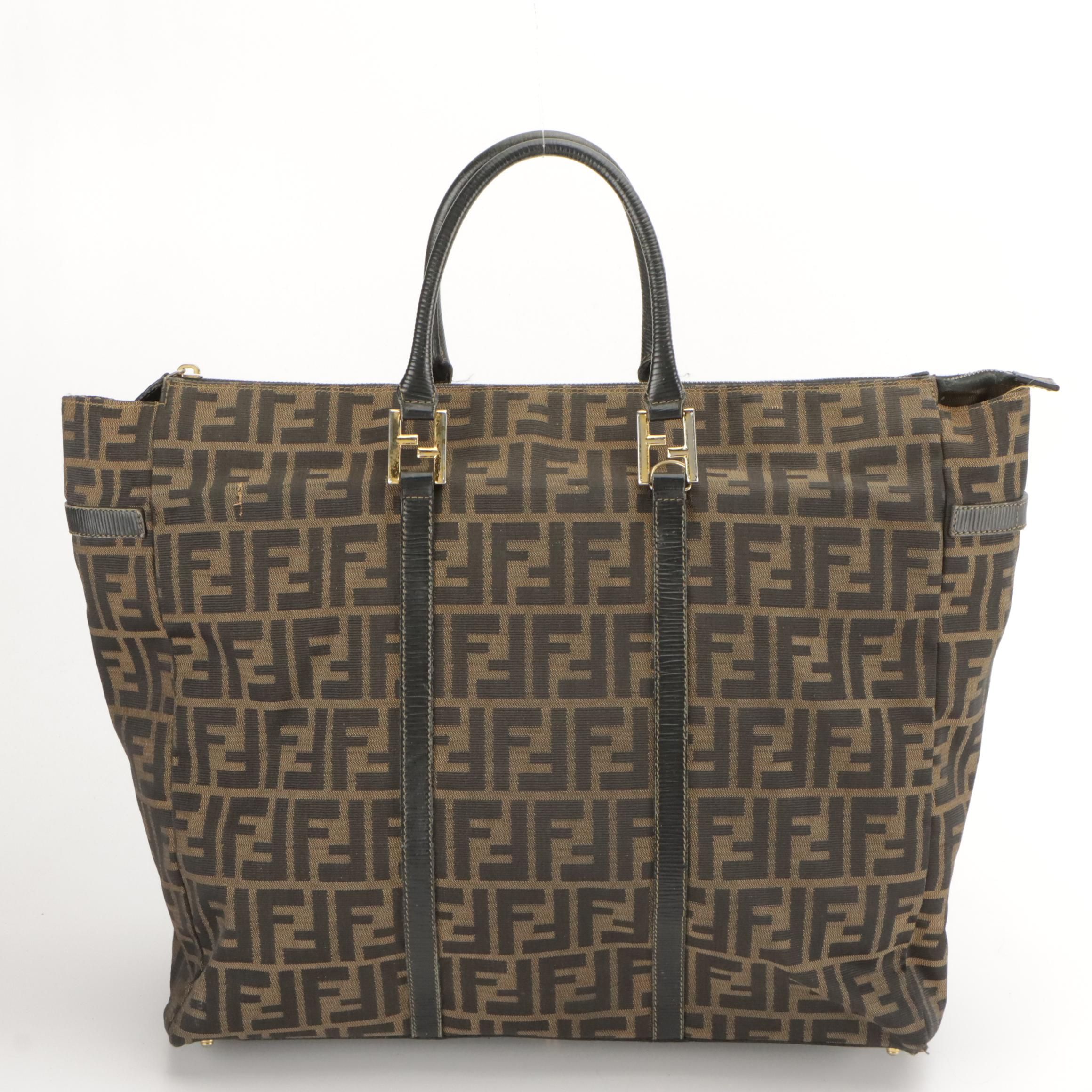 Fendi Vintage Leather-Trimmed Zucca Jacquard Canvas Top Handle Tote