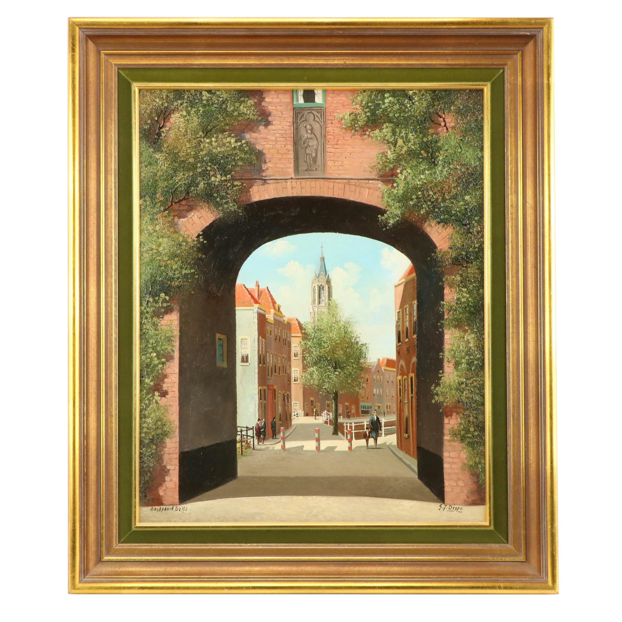 George Jan Dispo Oil Painting "Oostpoort Delft," Circa 1953