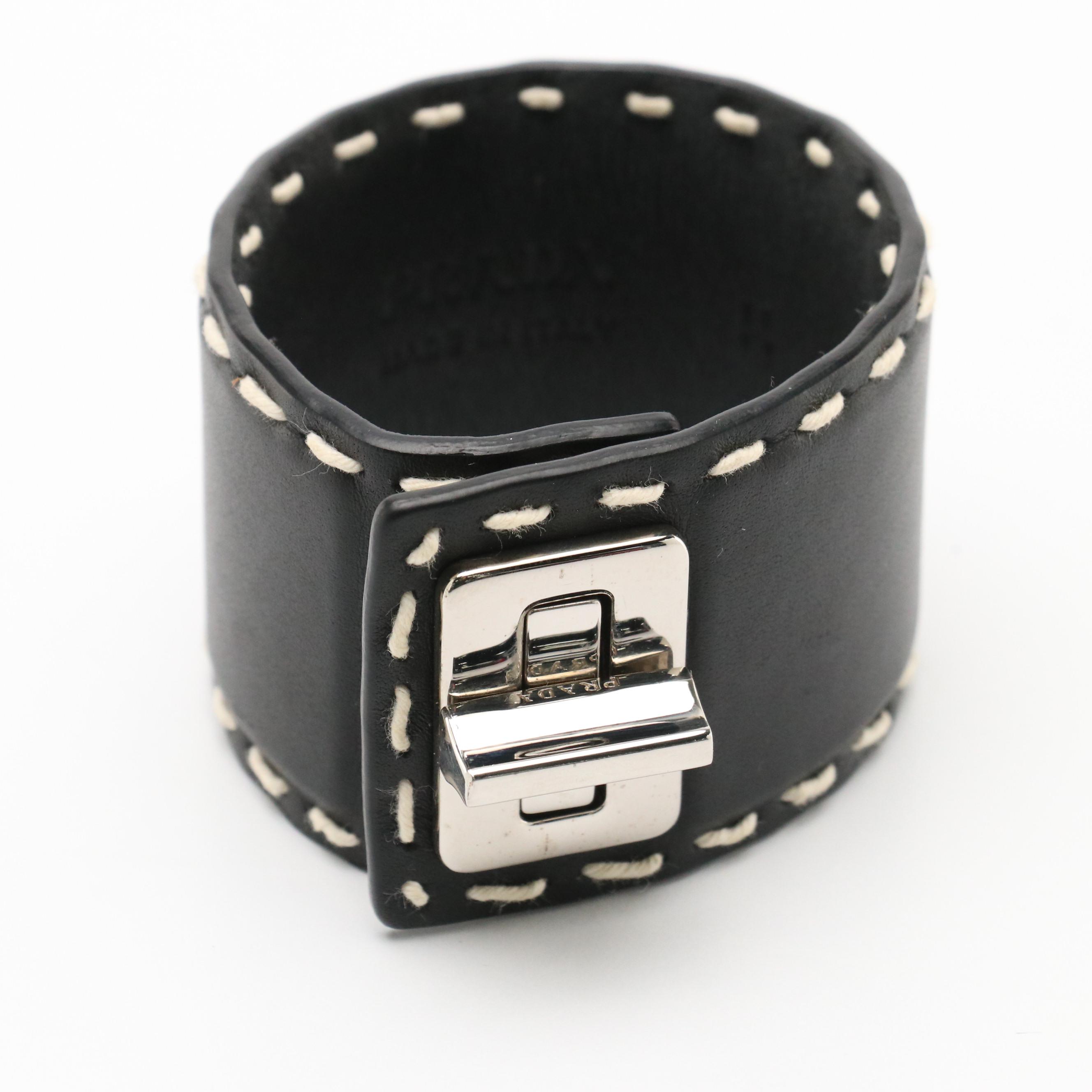 Prada Turn Lock Wide Bangle Bracelet in Black Leather & White Stitching with Box