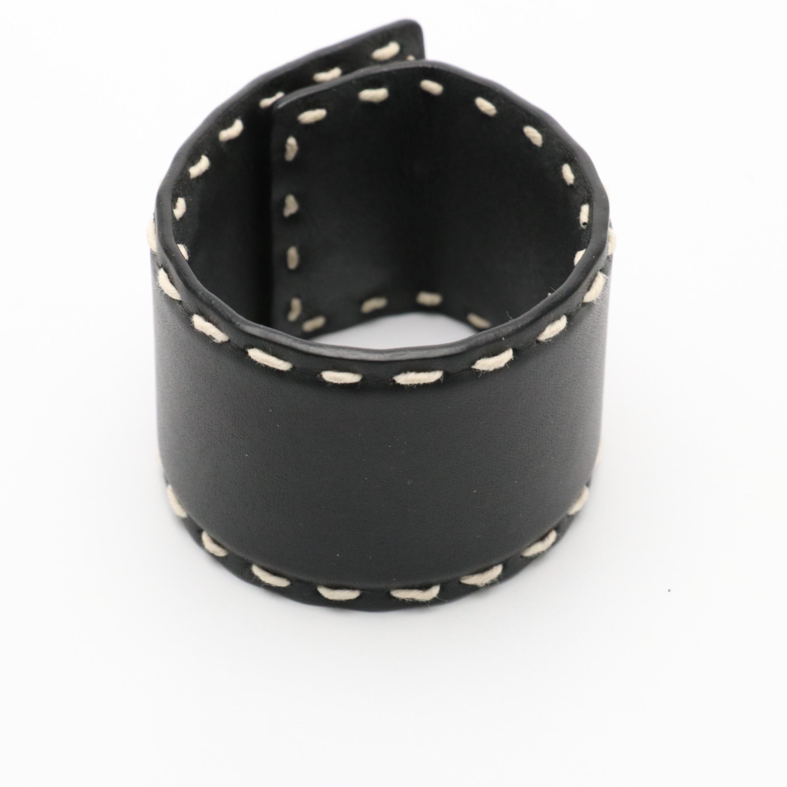 Prada Turn Lock Wide Bangle Bracelet in Black Leather & White Stitching with Box