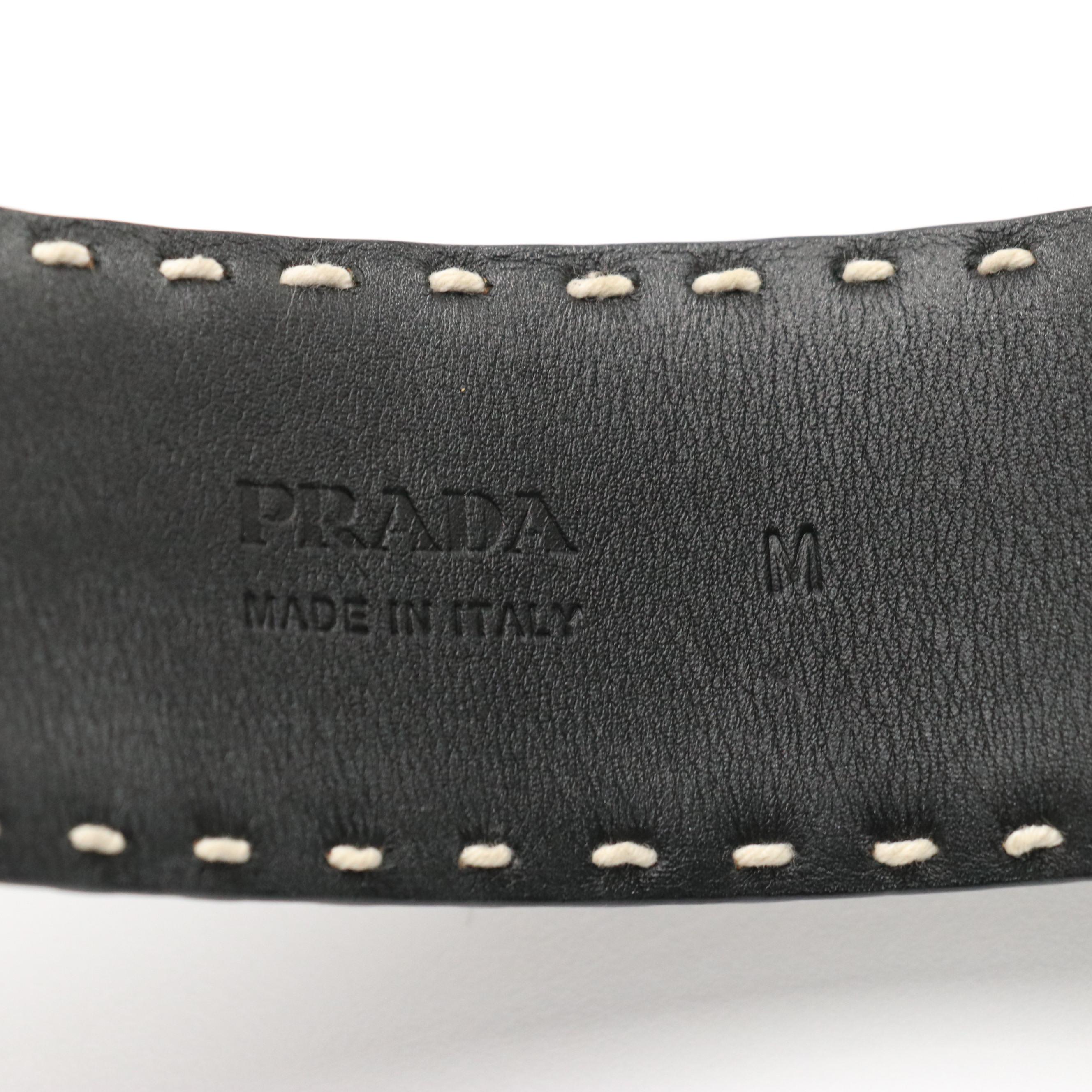 Prada Turn Lock Wide Bangle Bracelet in Black Leather & White Stitching with Box