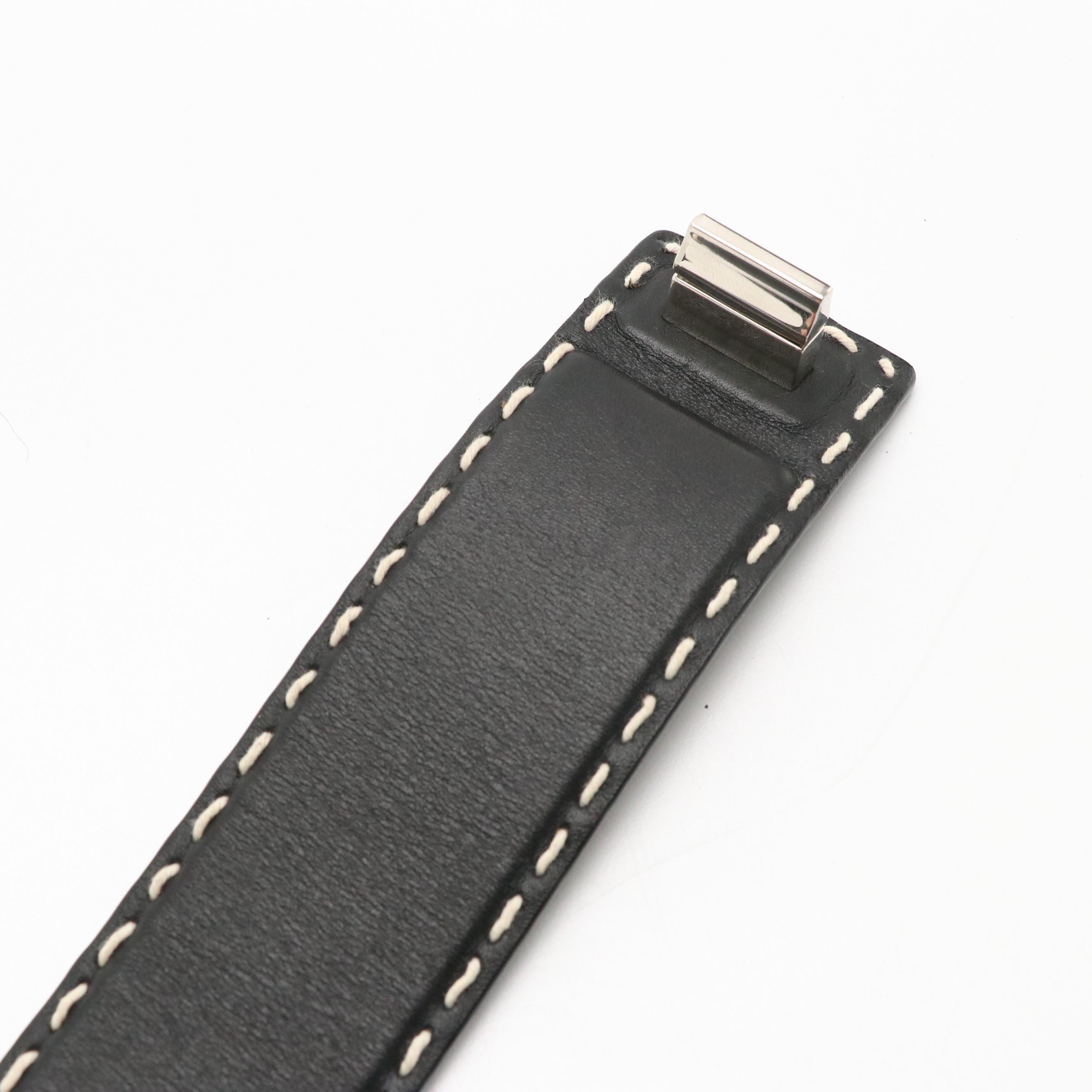 Prada Turn Lock Wide Bangle Bracelet in Black Leather & White Stitching with Box