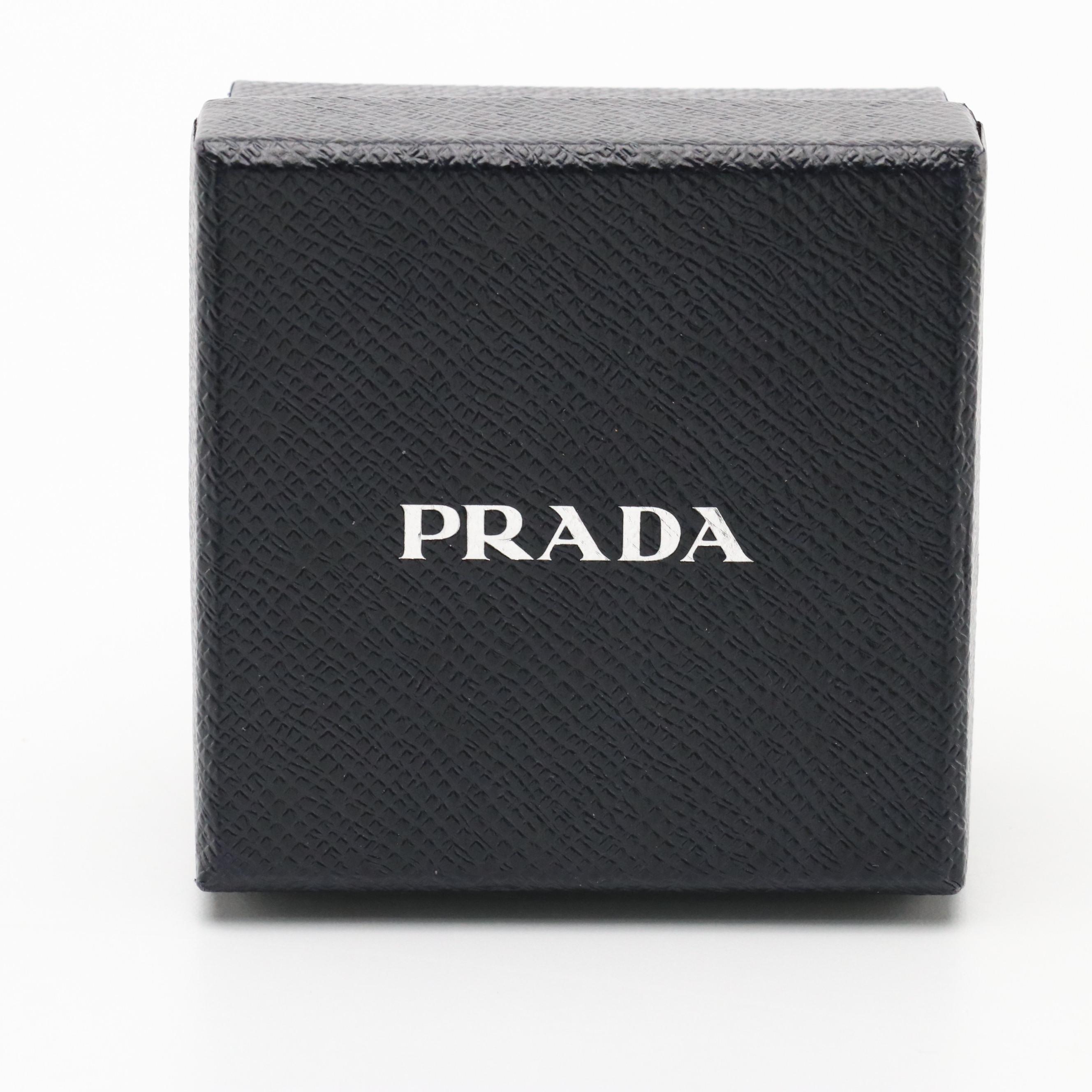 Prada Turn Lock Wide Bangle Bracelet in Black Leather & White Stitching with Box