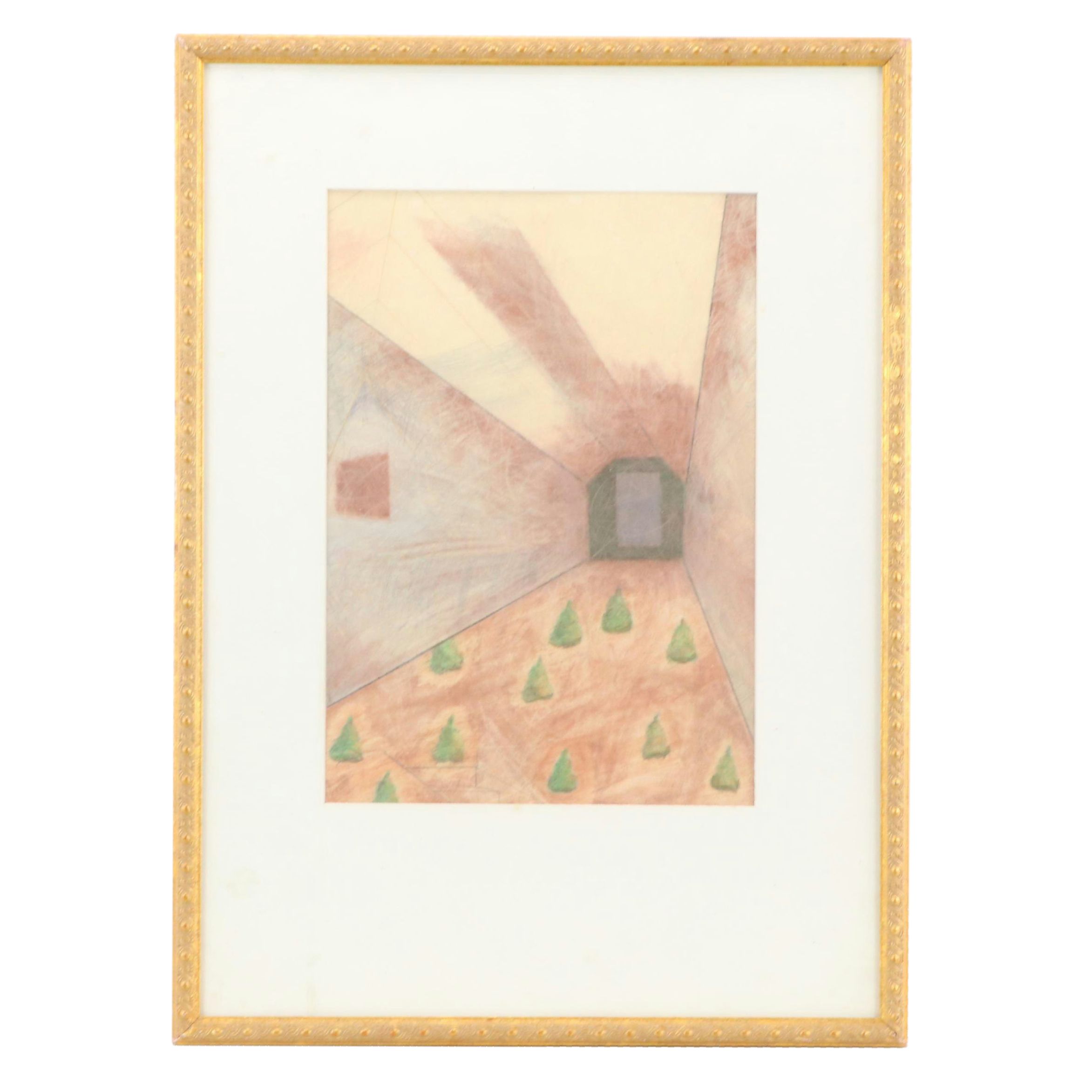 W.T. Dooley Chalk Pastel Drawing of Interior Scene