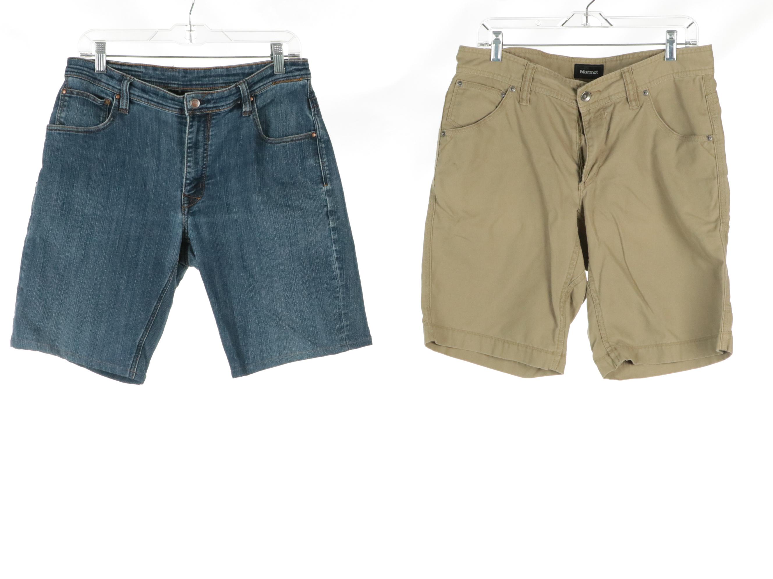 Men's Marmot Nylon Button-Up, Canvas and Denim Shorts, and Orange Denim Jeans