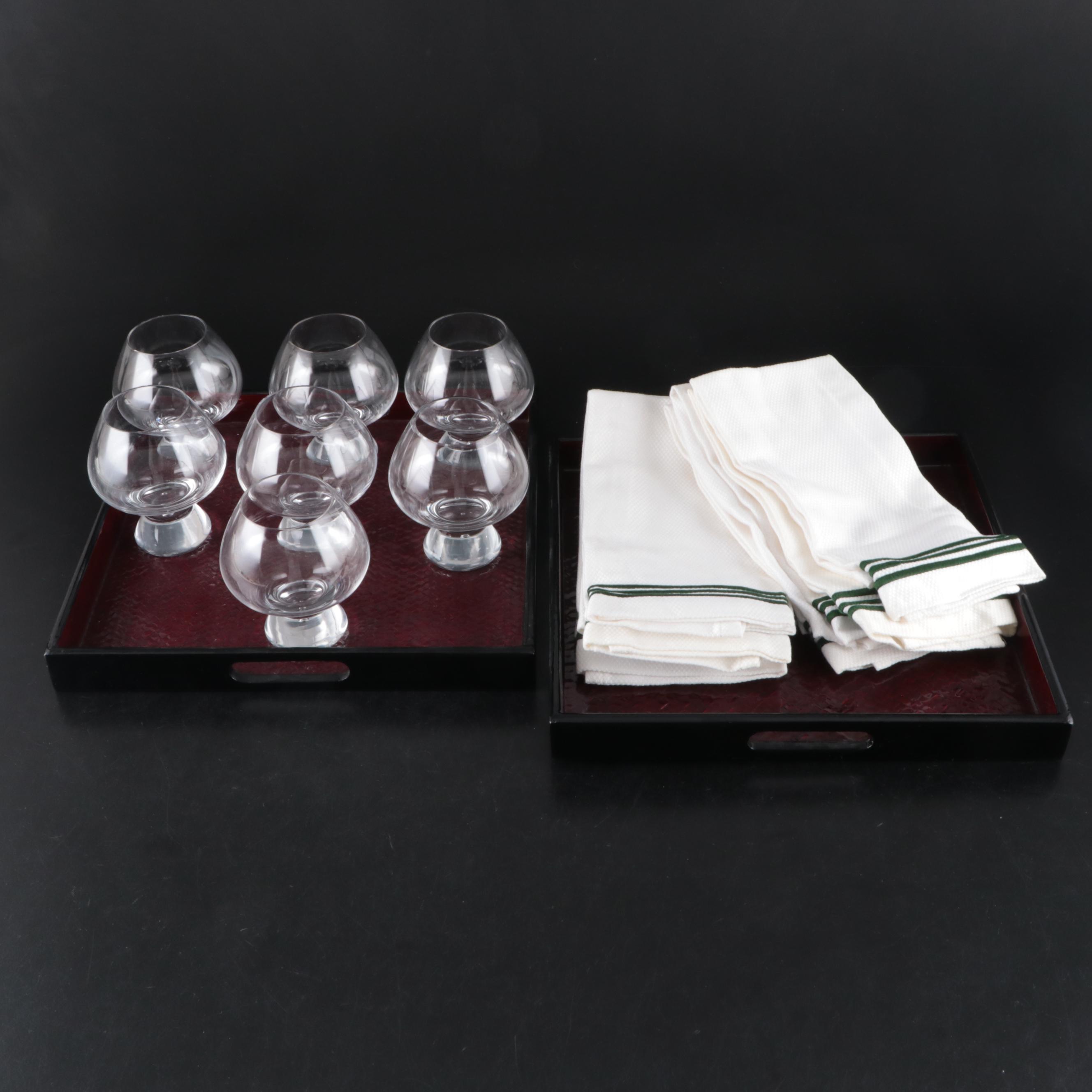 Suspended Bubble Glass Brandy Snifters with Acrylic Trays, and Tea Towels