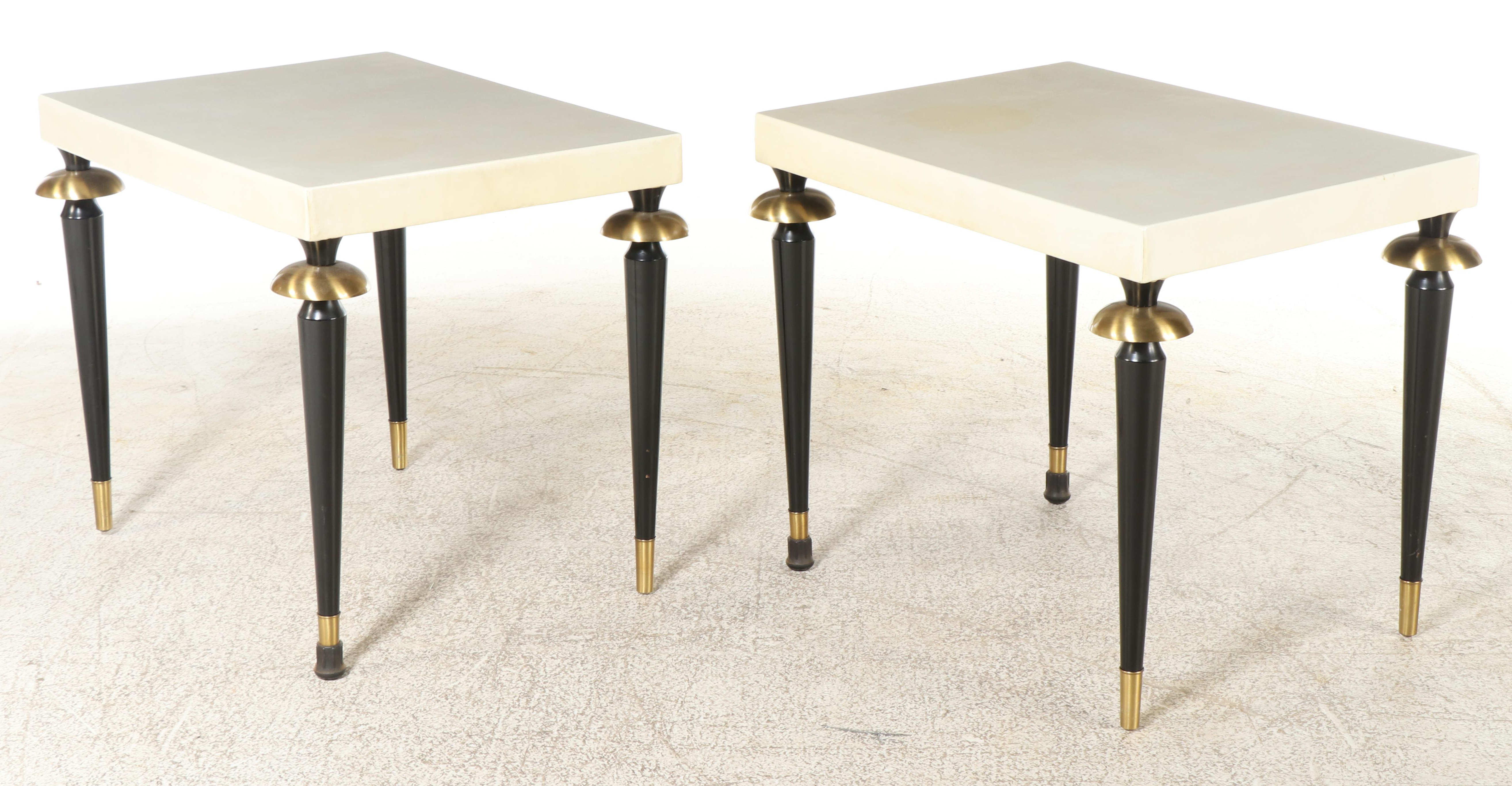 Pair of S.J. Campbell Co. Brass-Mounted, Ebonized, and Leather-Clad Side Tables