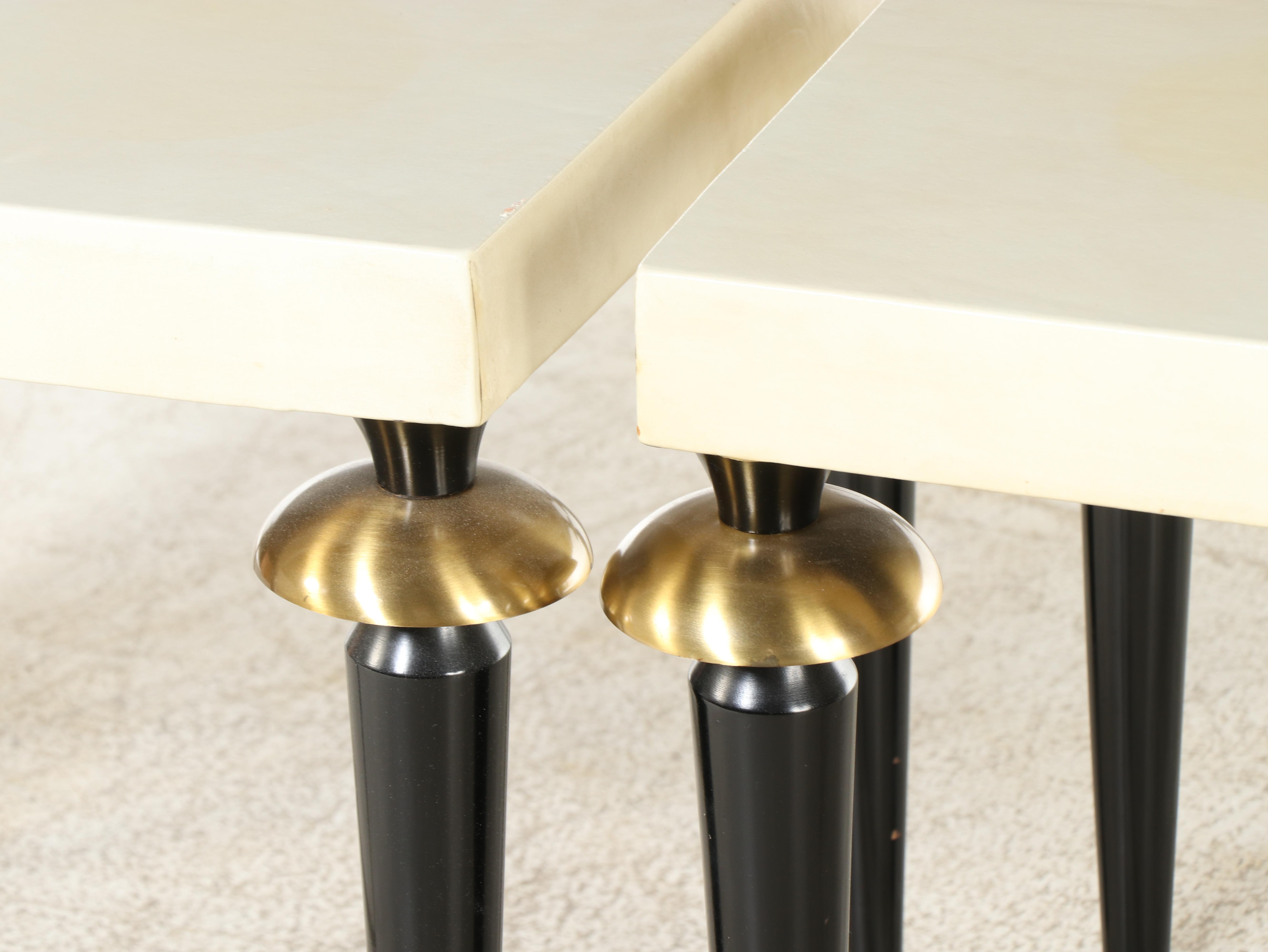 Pair of S.J. Campbell Co. Brass-Mounted, Ebonized, and Leather-Clad Side Tables