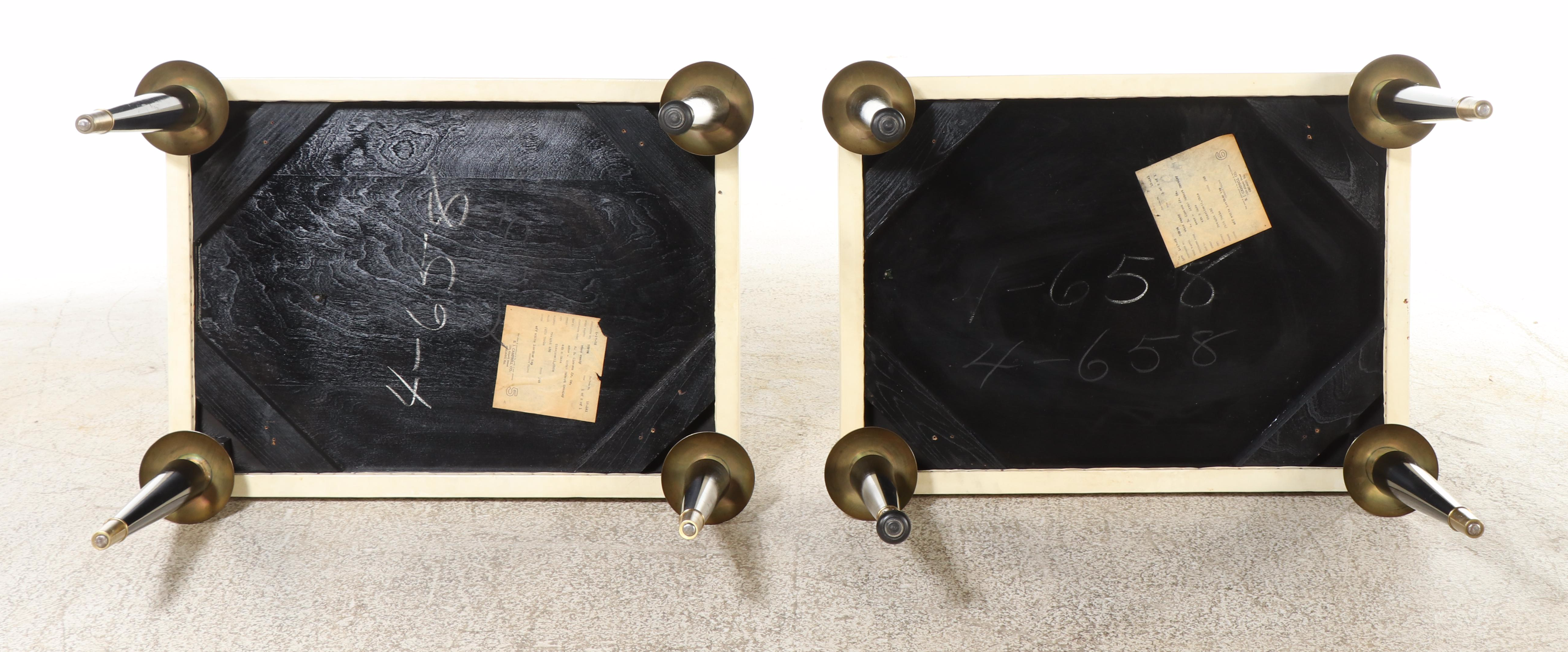 Pair of S.J. Campbell Co. Brass-Mounted, Ebonized, and Leather-Clad Side Tables