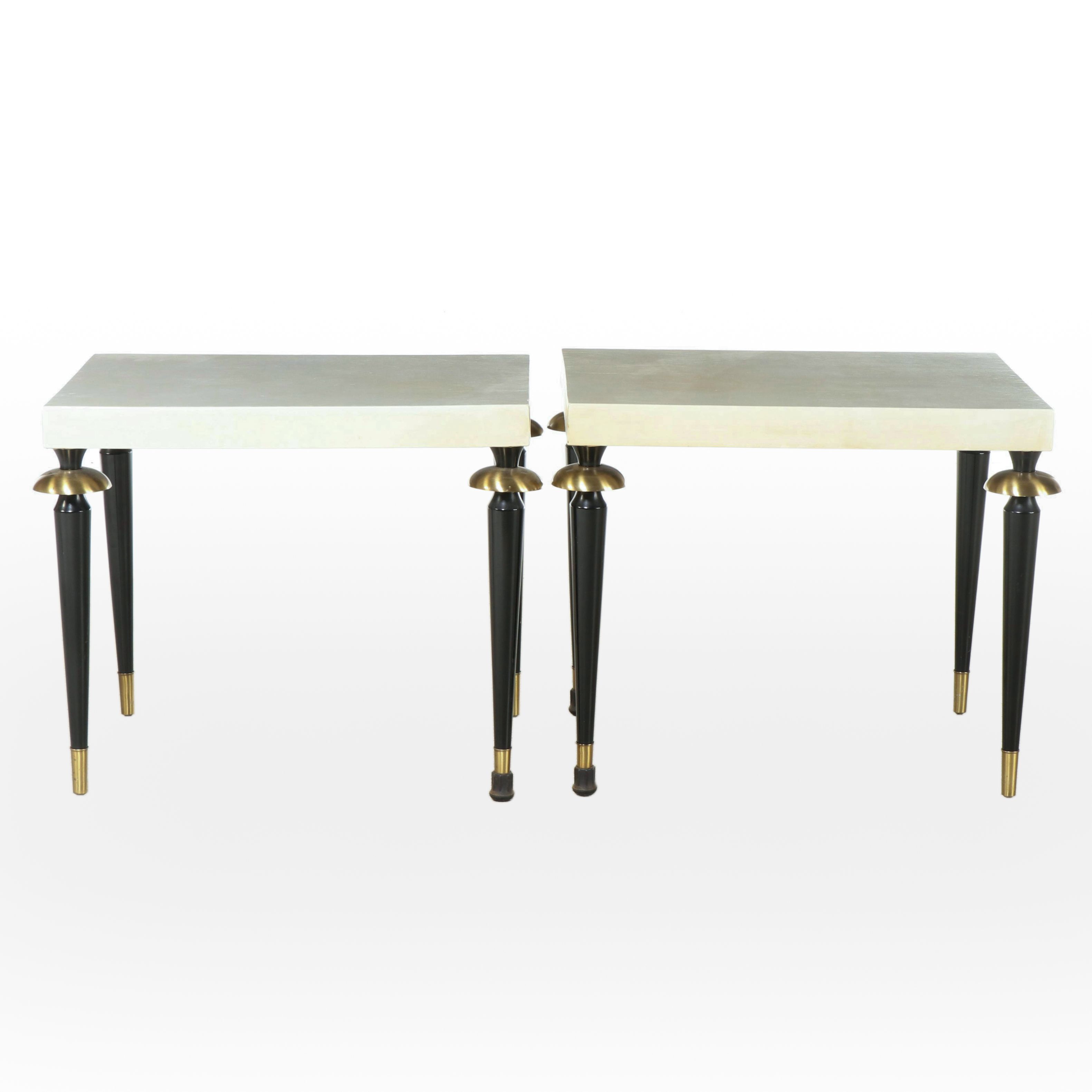Pair of S.J. Campbell Co. Brass-Mounted, Ebonized, and Leather-Clad Side Tables