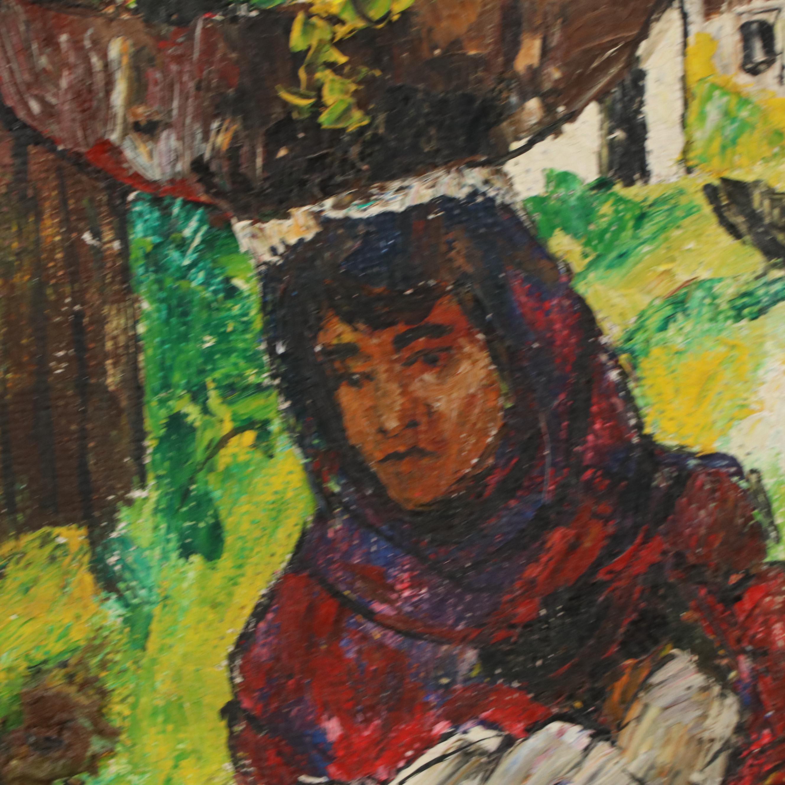 Maury Flores Gómez Stylized Acrylic Painting of Honduran Market Scene, 1972