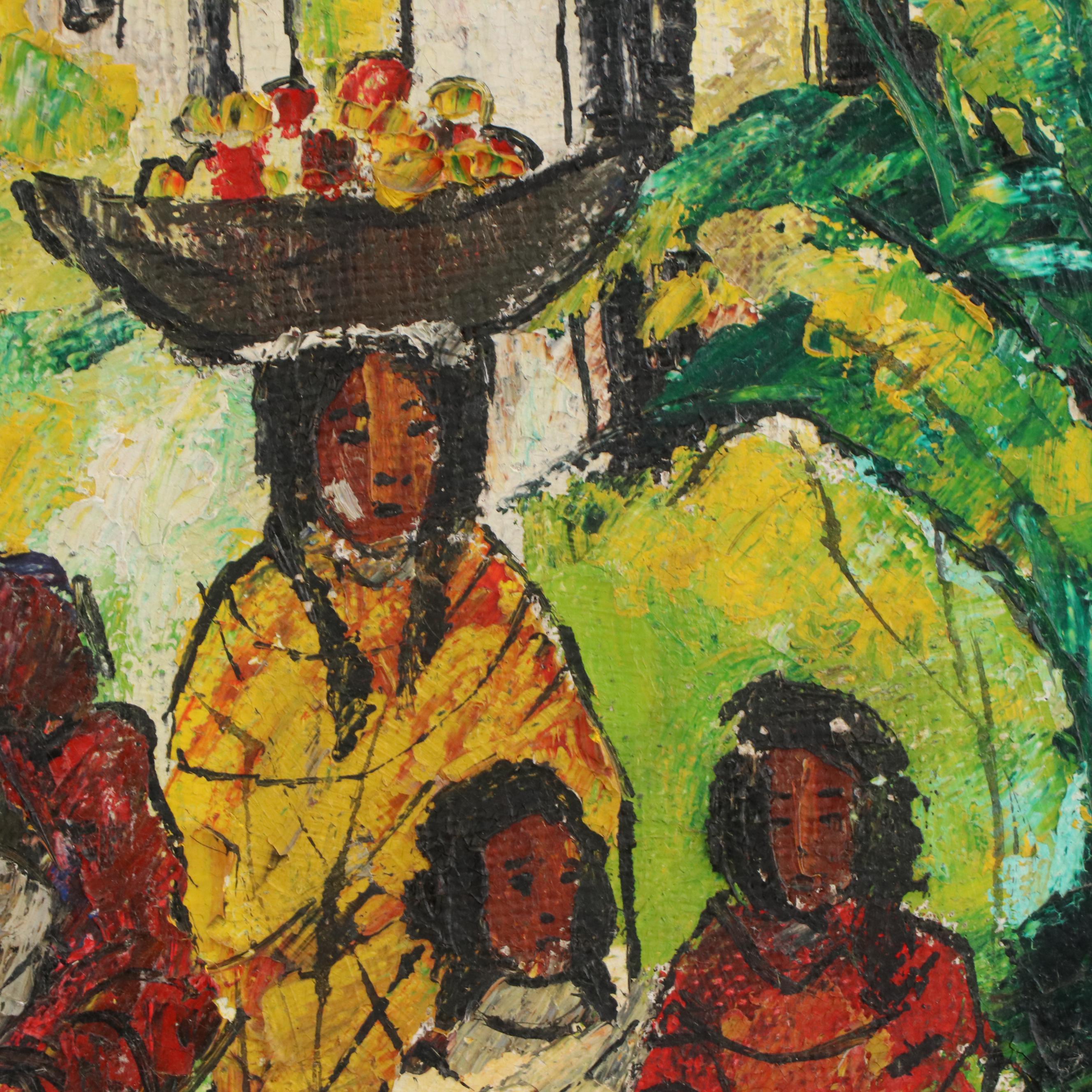 Maury Flores Gómez Stylized Acrylic Painting of Honduran Market Scene, 1972