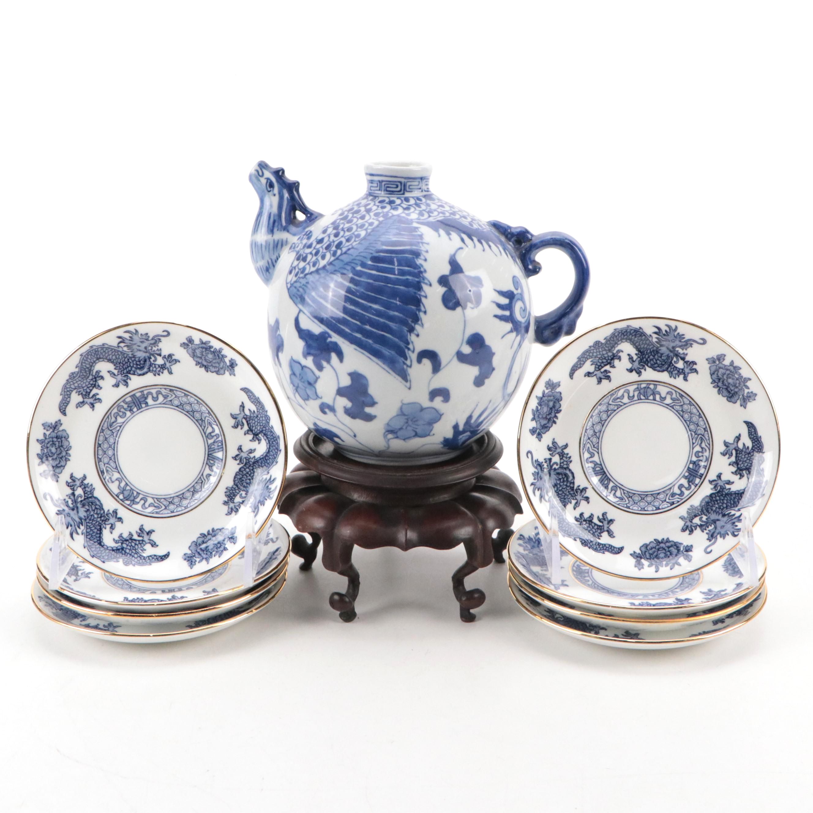 Chinese Hand-Painted Ceramic Teapot with Porcelain Saucers and More