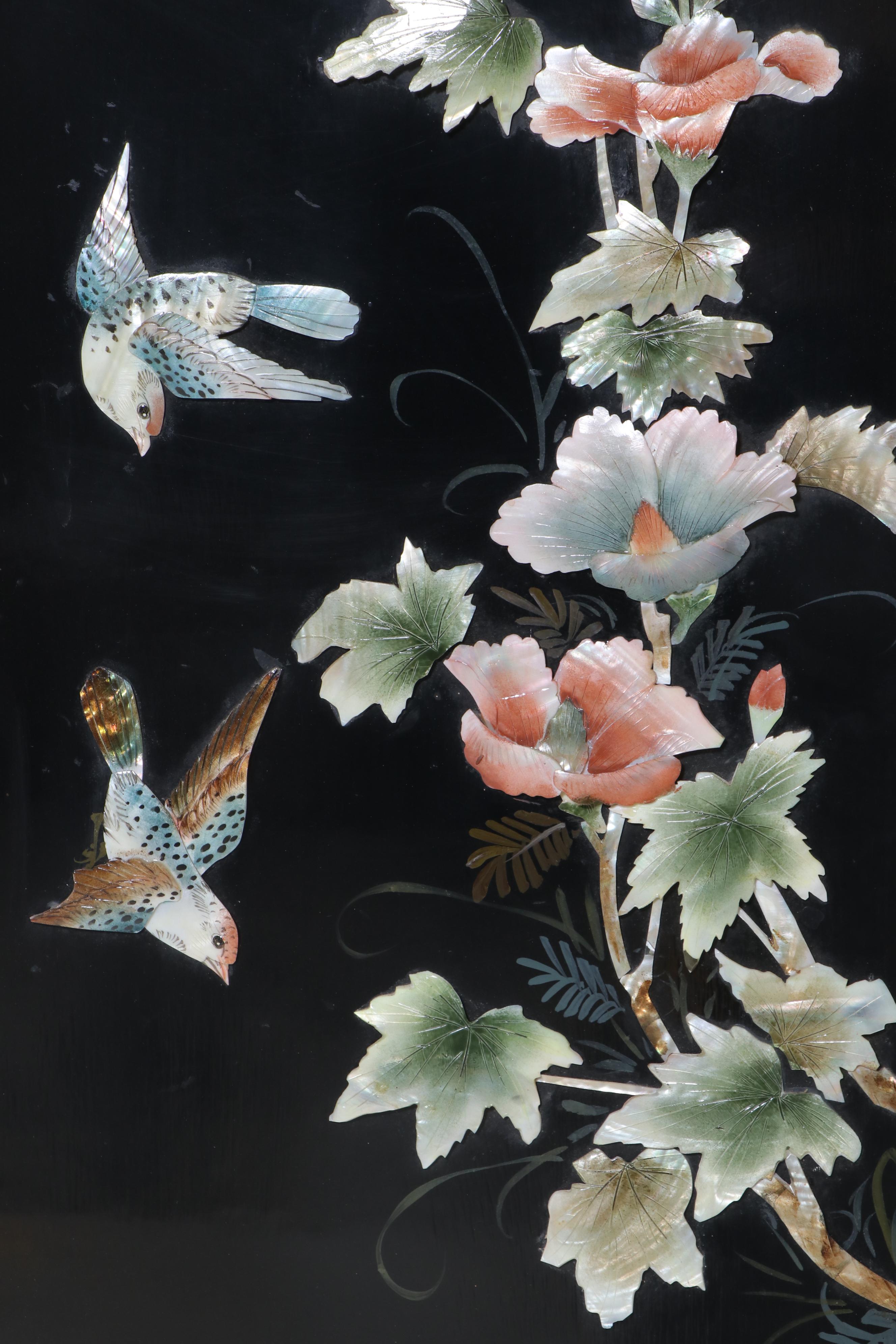 Chinese Mother-of-Pearl and Lacquered Wood Four-Panel Room Divider