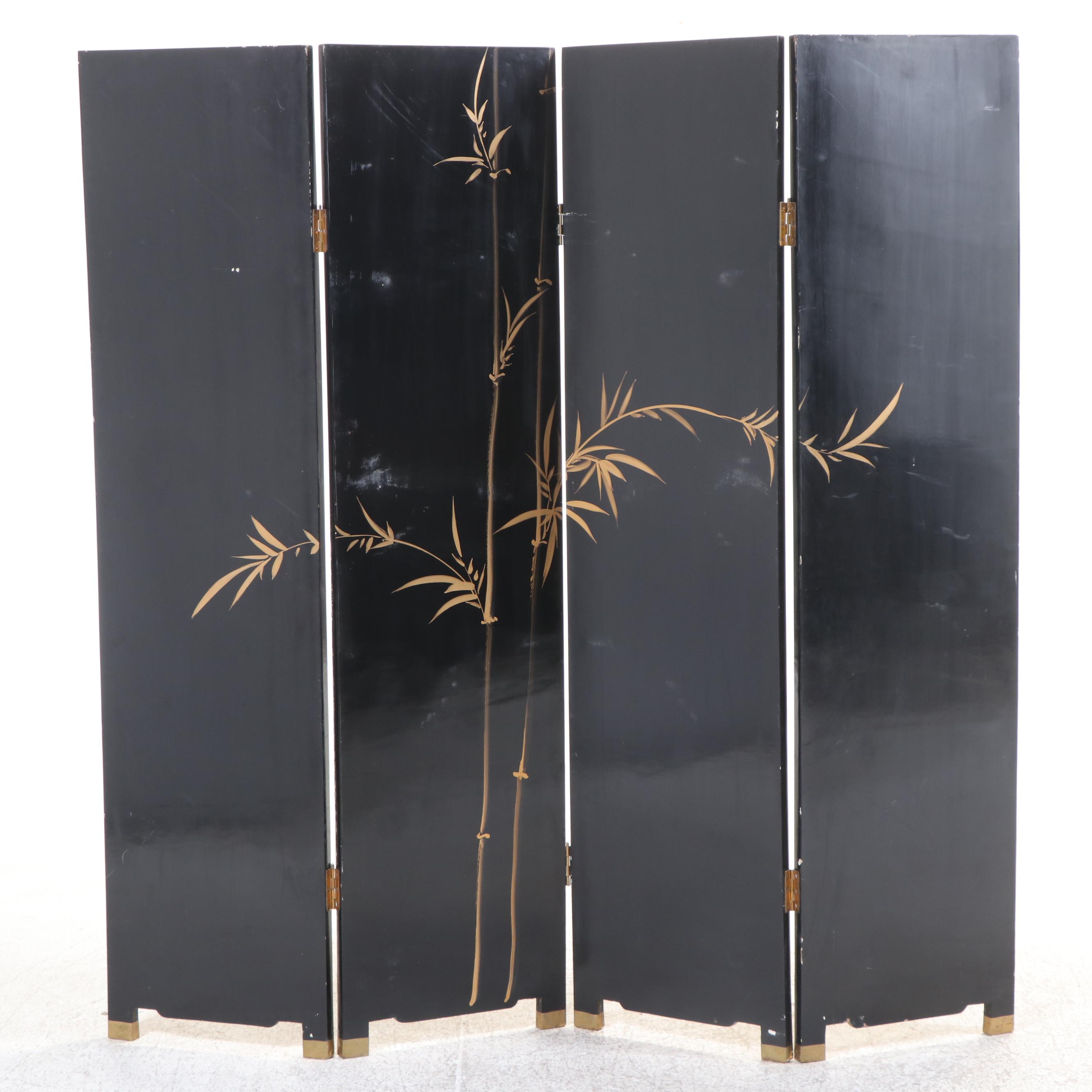 Chinese Mother-of-Pearl and Lacquered Wood Four-Panel Room Divider