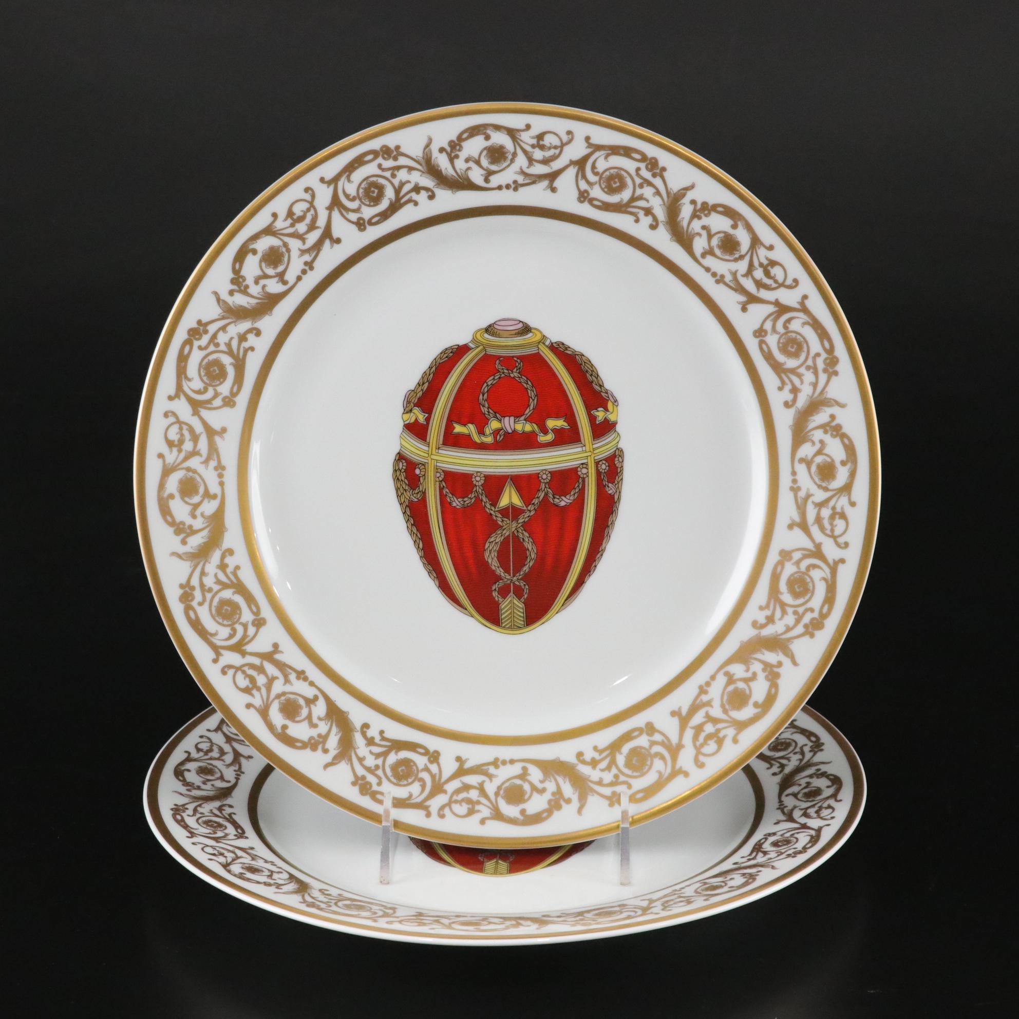 Fabergé Limoges Porcelain Gilt "Imperial Rosebud Egg" Pair of Plates