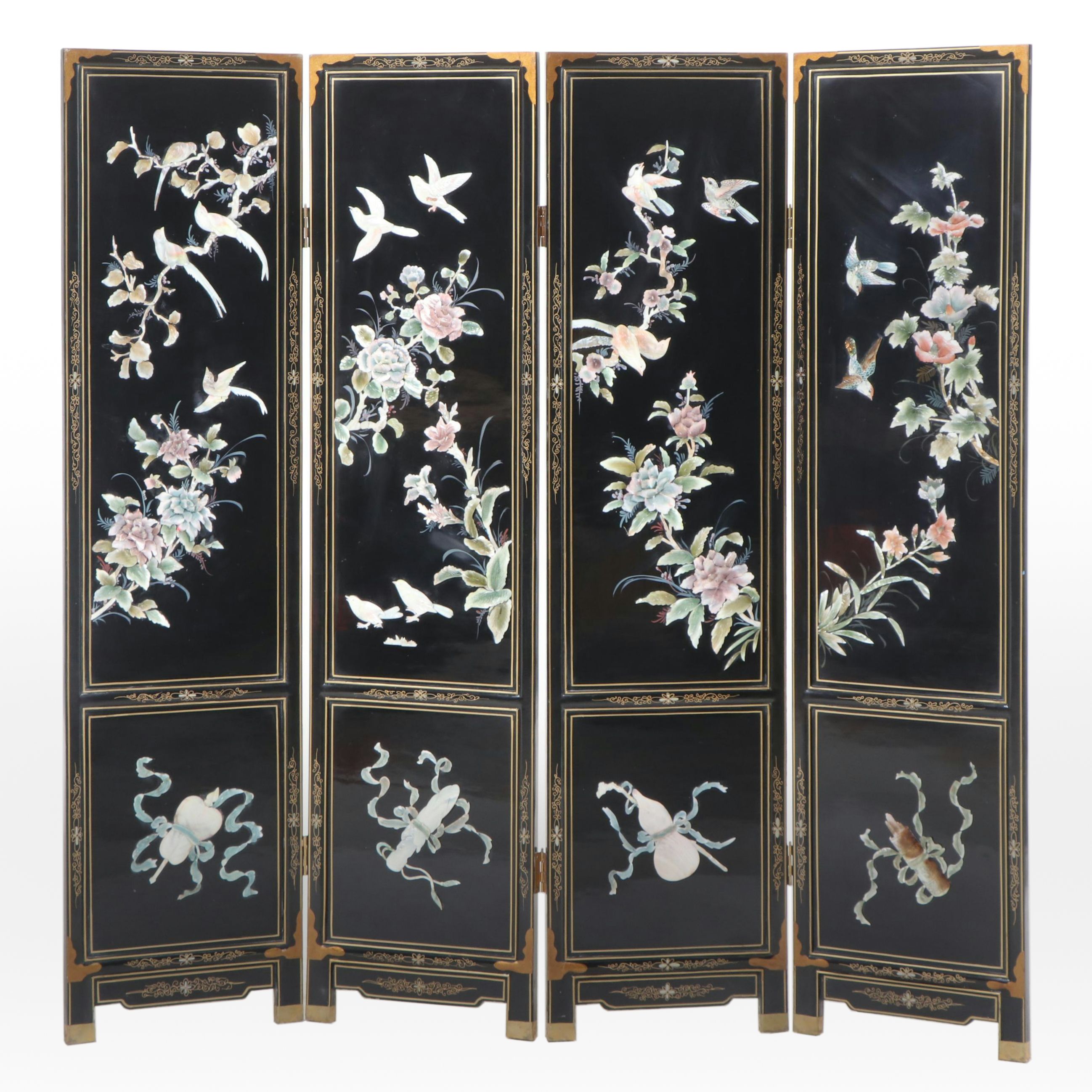 Chinese Mother-of-Pearl and Lacquered Wood Four-Panel Room Divider