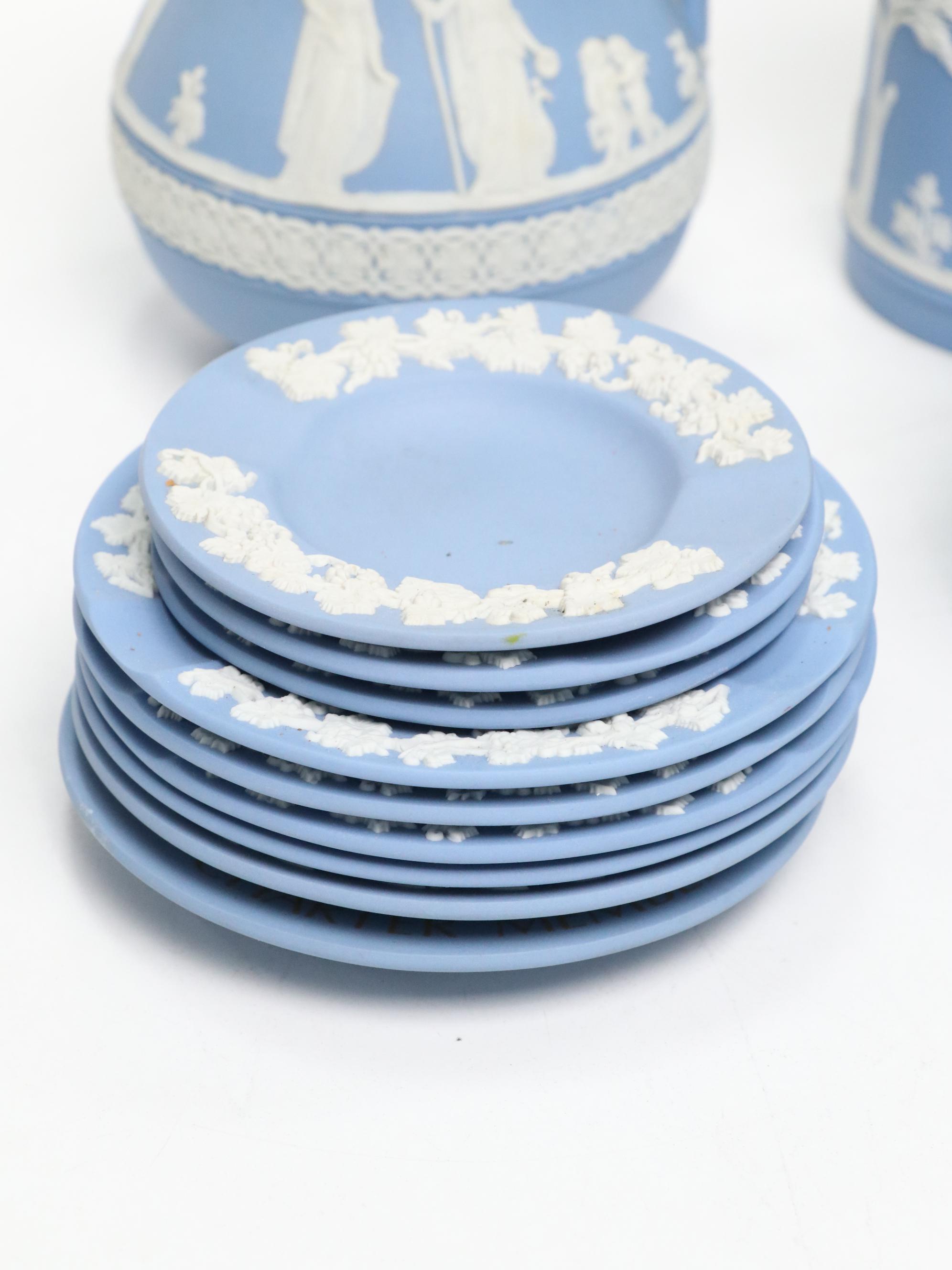 Wedgwood Blue Jasperware Pitchers, Ashtrays, Box, and Dishes