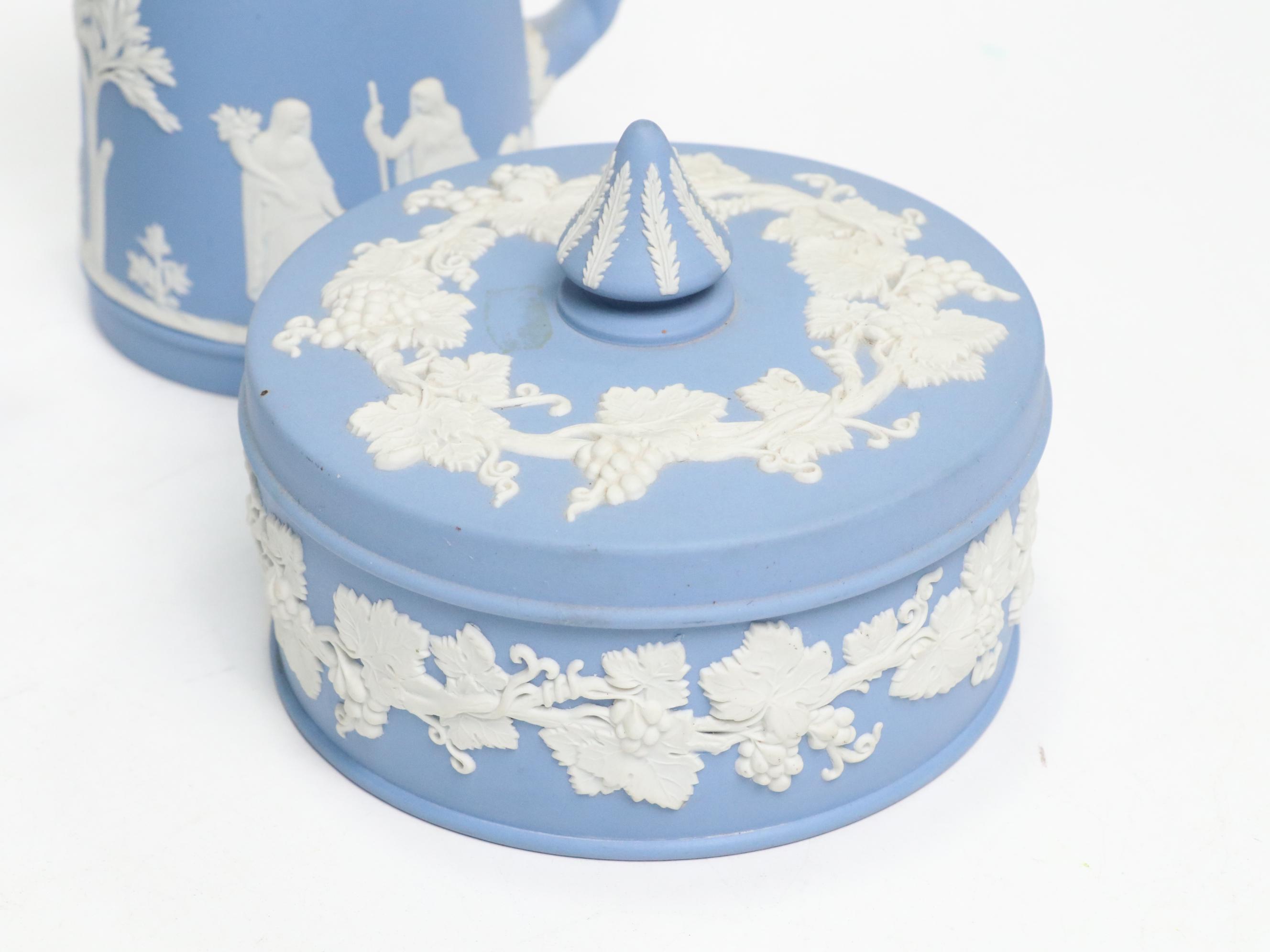 Wedgwood Blue Jasperware Pitchers, Ashtrays, Box, and Dishes