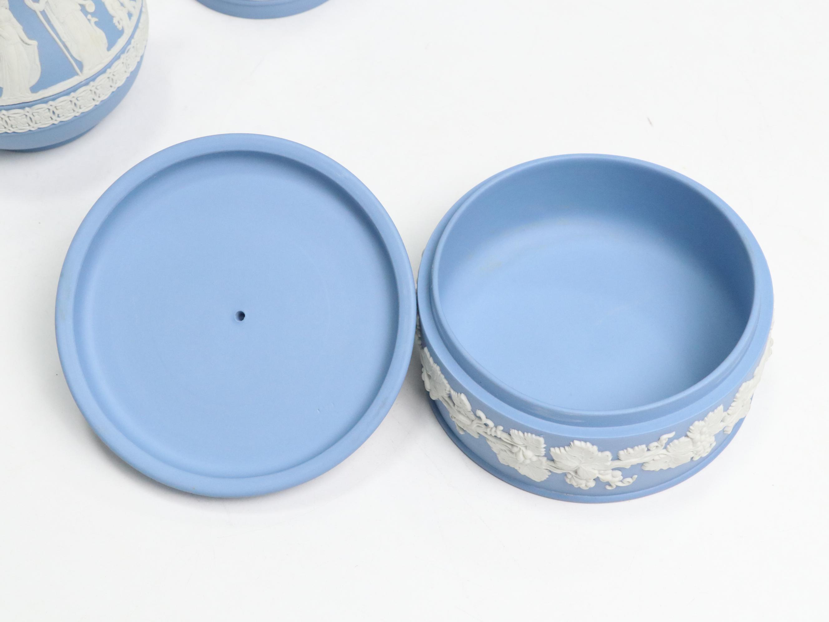 Wedgwood Blue Jasperware Pitchers, Ashtrays, Box, and Dishes