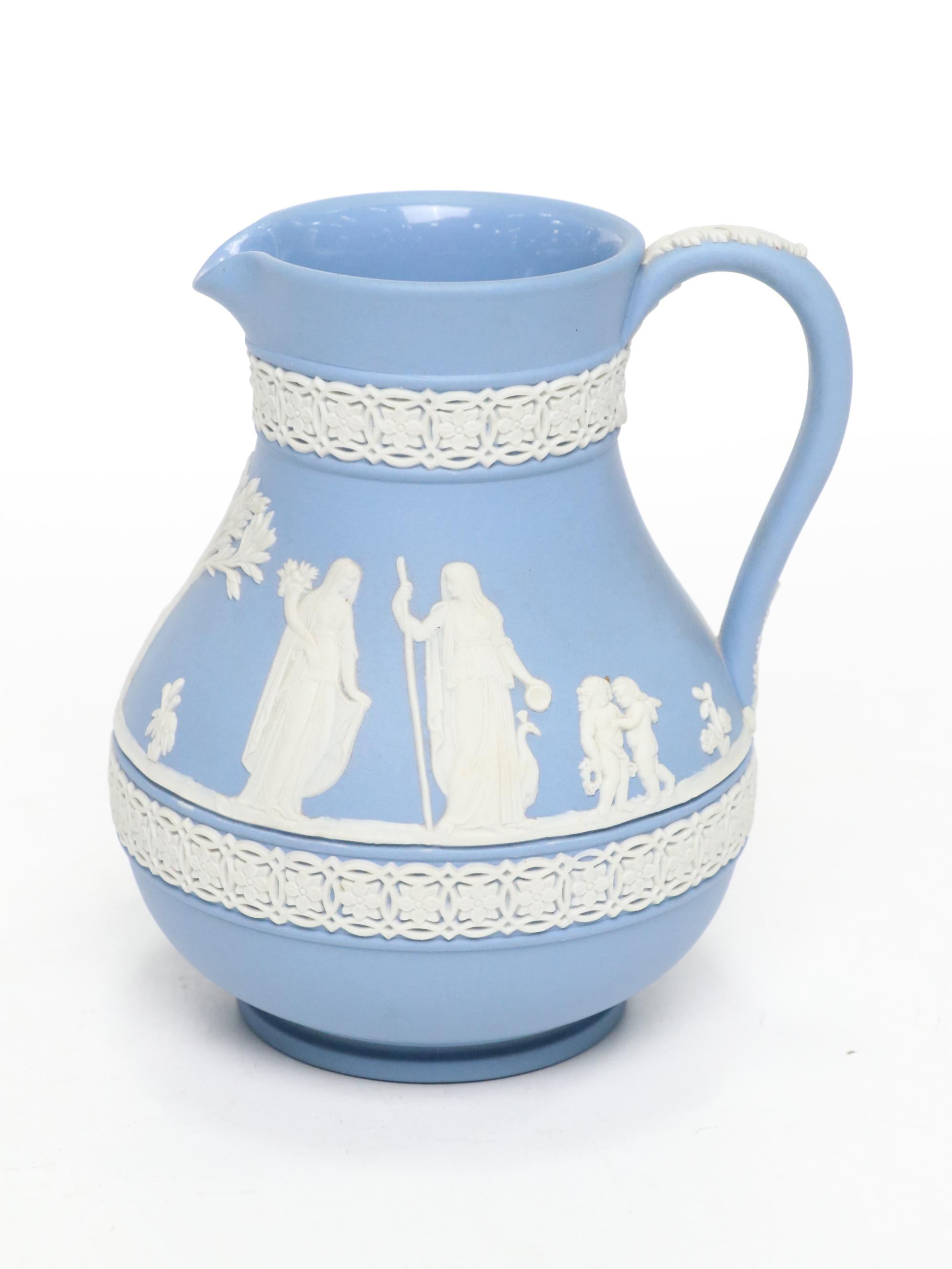 Wedgwood Blue Jasperware Pitchers, Ashtrays, Box, and Dishes
