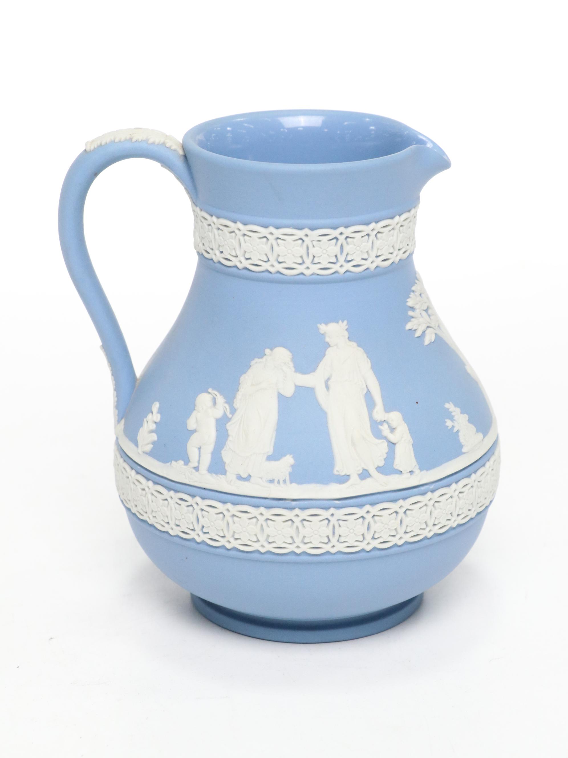 Wedgwood Blue Jasperware Pitchers, Ashtrays, Box, and Dishes