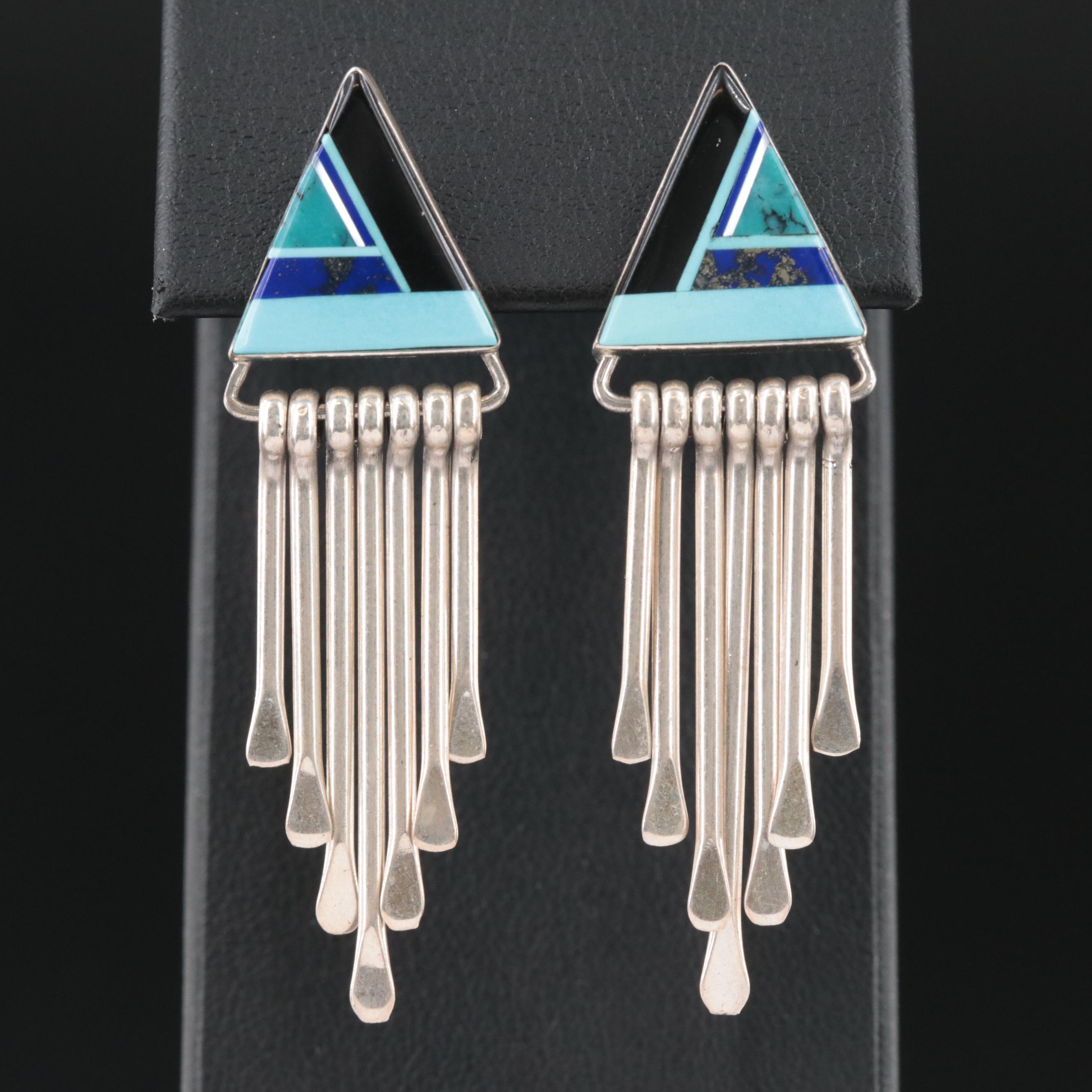 Sterling Earrings with Fringe, Turquoise, Lapis Lazuli and Mother-of-Pearl
