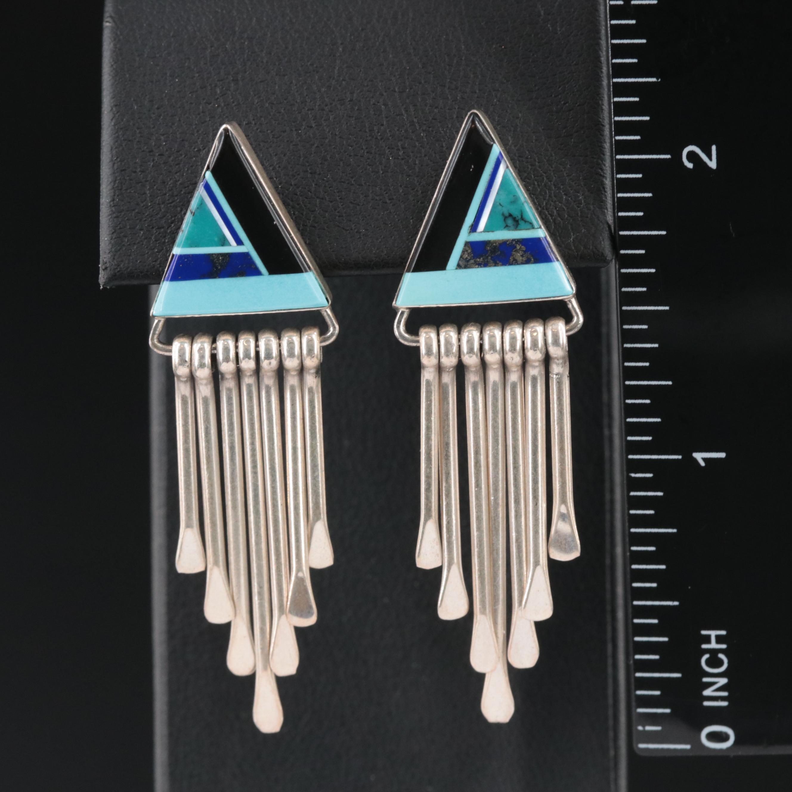 Sterling Earrings with Fringe, Turquoise, Lapis Lazuli and Mother-of-Pearl