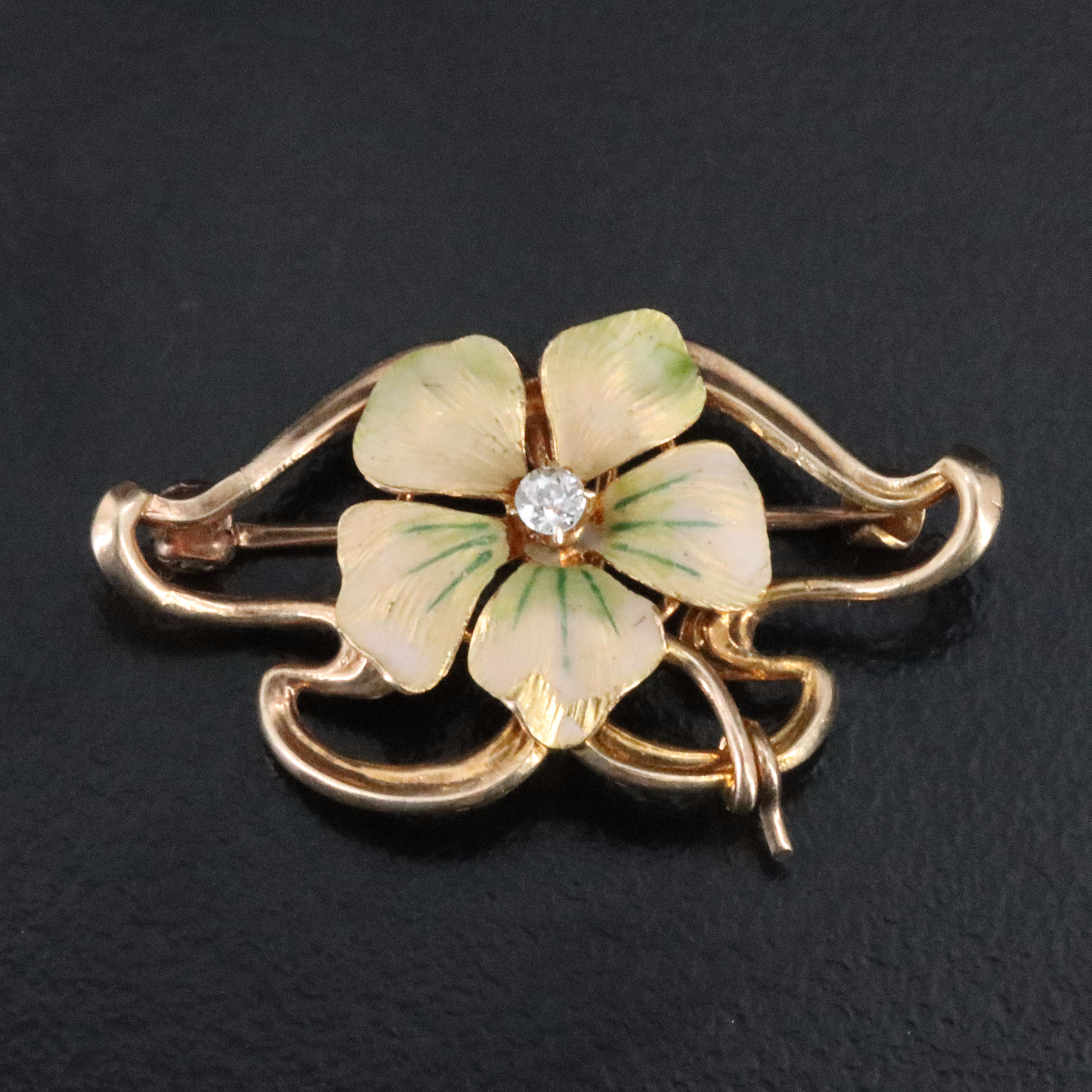 Art Nouveau 10K 0.05 CT Diamond and Enamel Flower Watch Pin