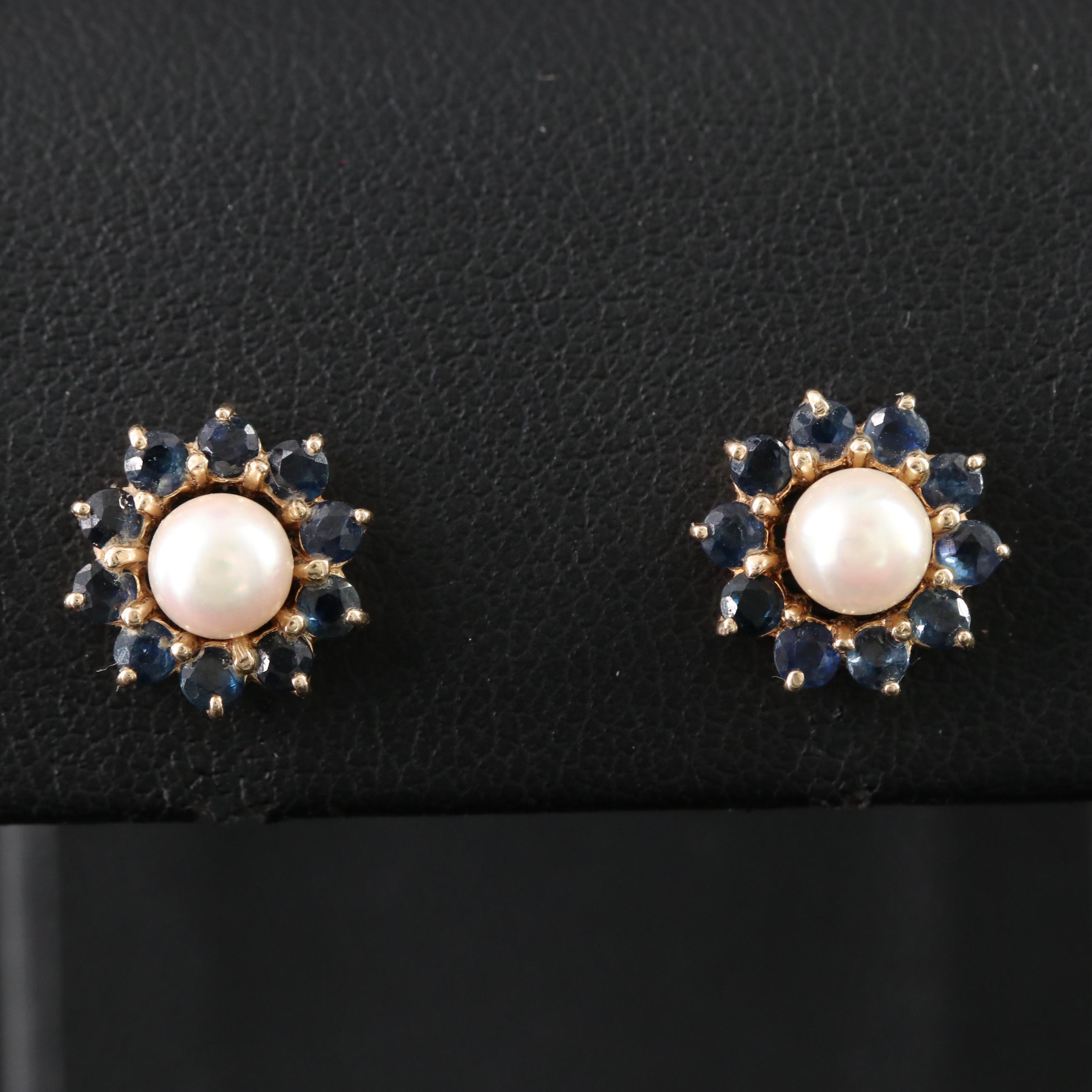 14K Pearl Stud Earrings with Sapphire Halo Enhancers