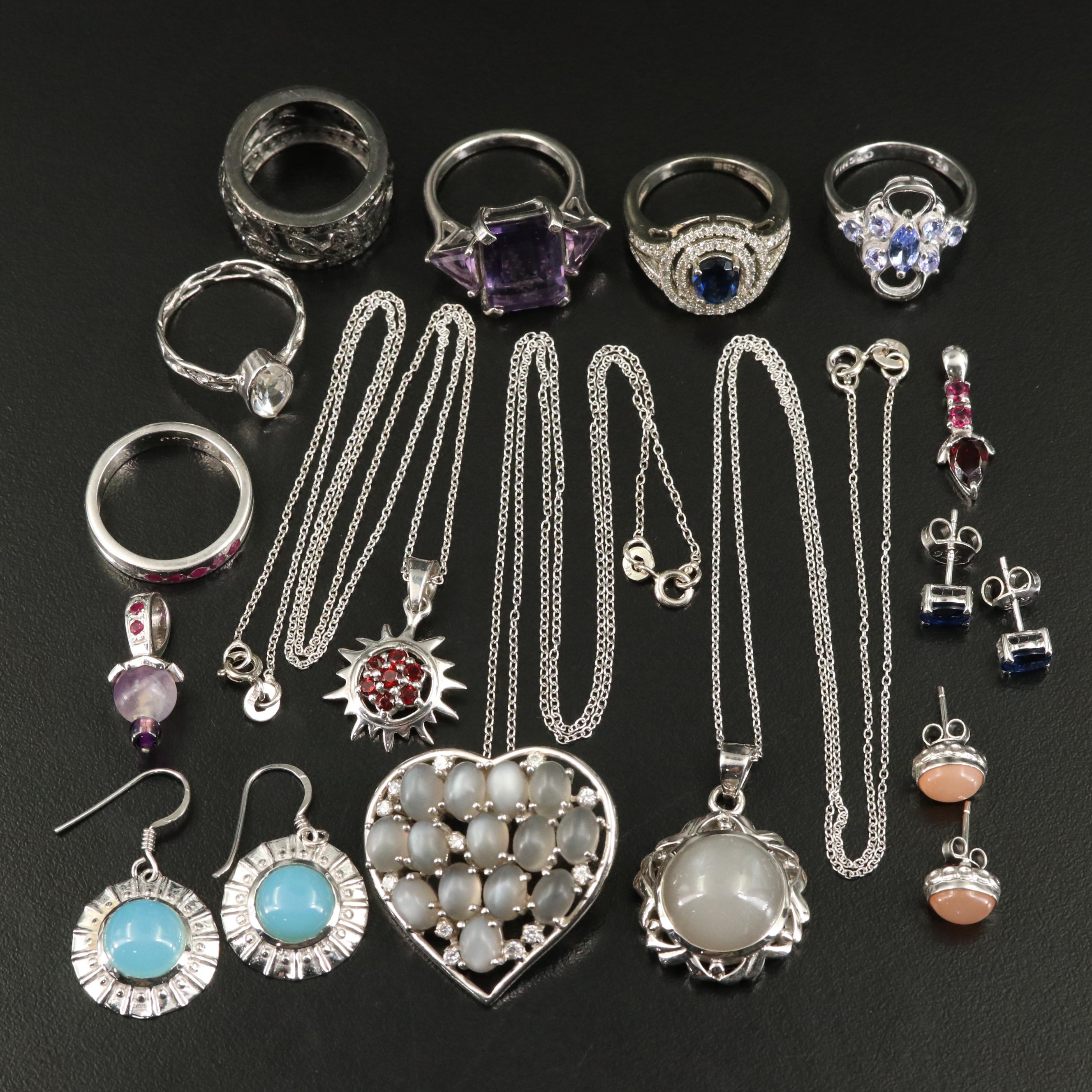 14 Assorted Sterling Silver Rings, Necklaces, Earrings, and Pendants