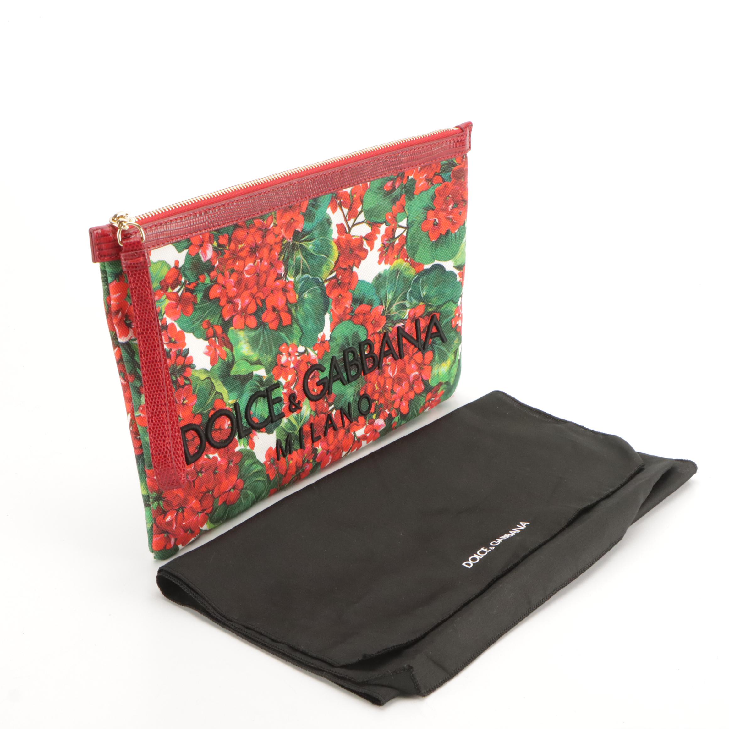 Dolce & Gabbana Logo Geranium Print Clutch with Iguana Leather Trim