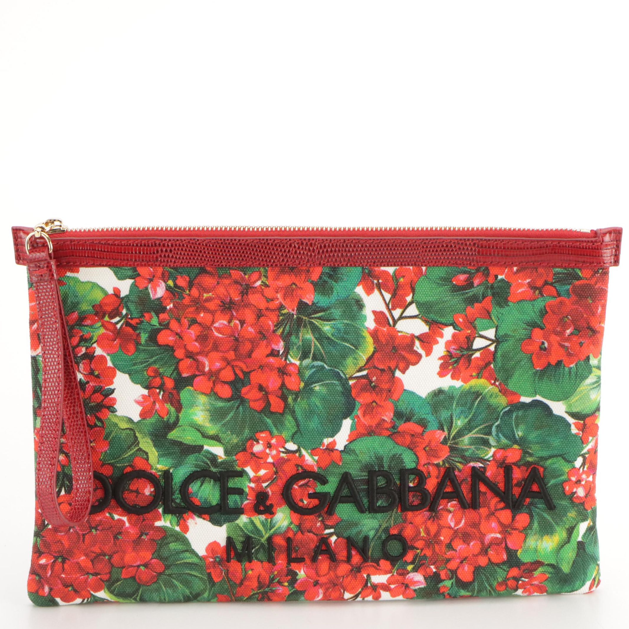 Dolce & Gabbana Logo Geranium Print Clutch with Iguana Leather Trim