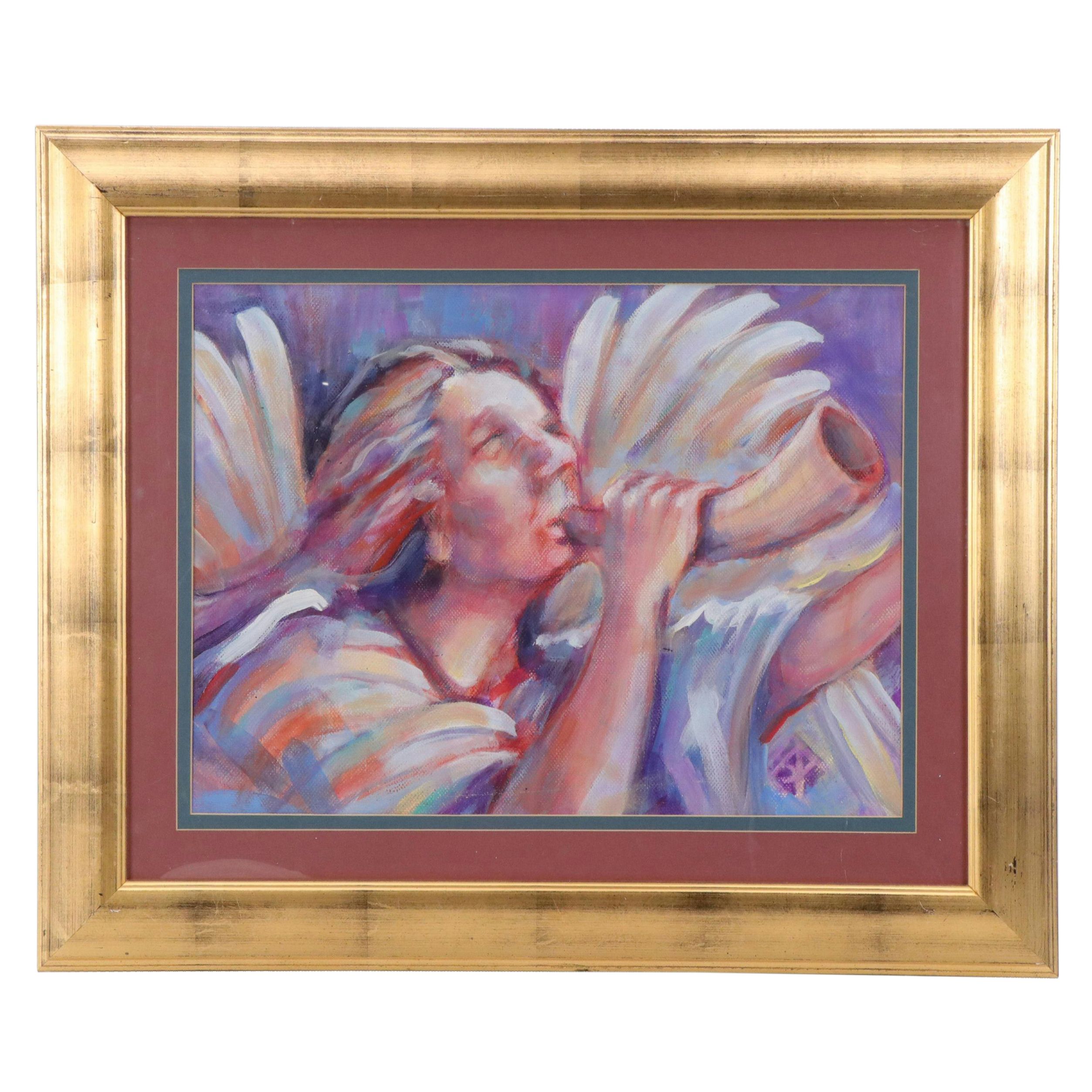 Jim Andrews Mixed Media Painting of an Angel with Horn