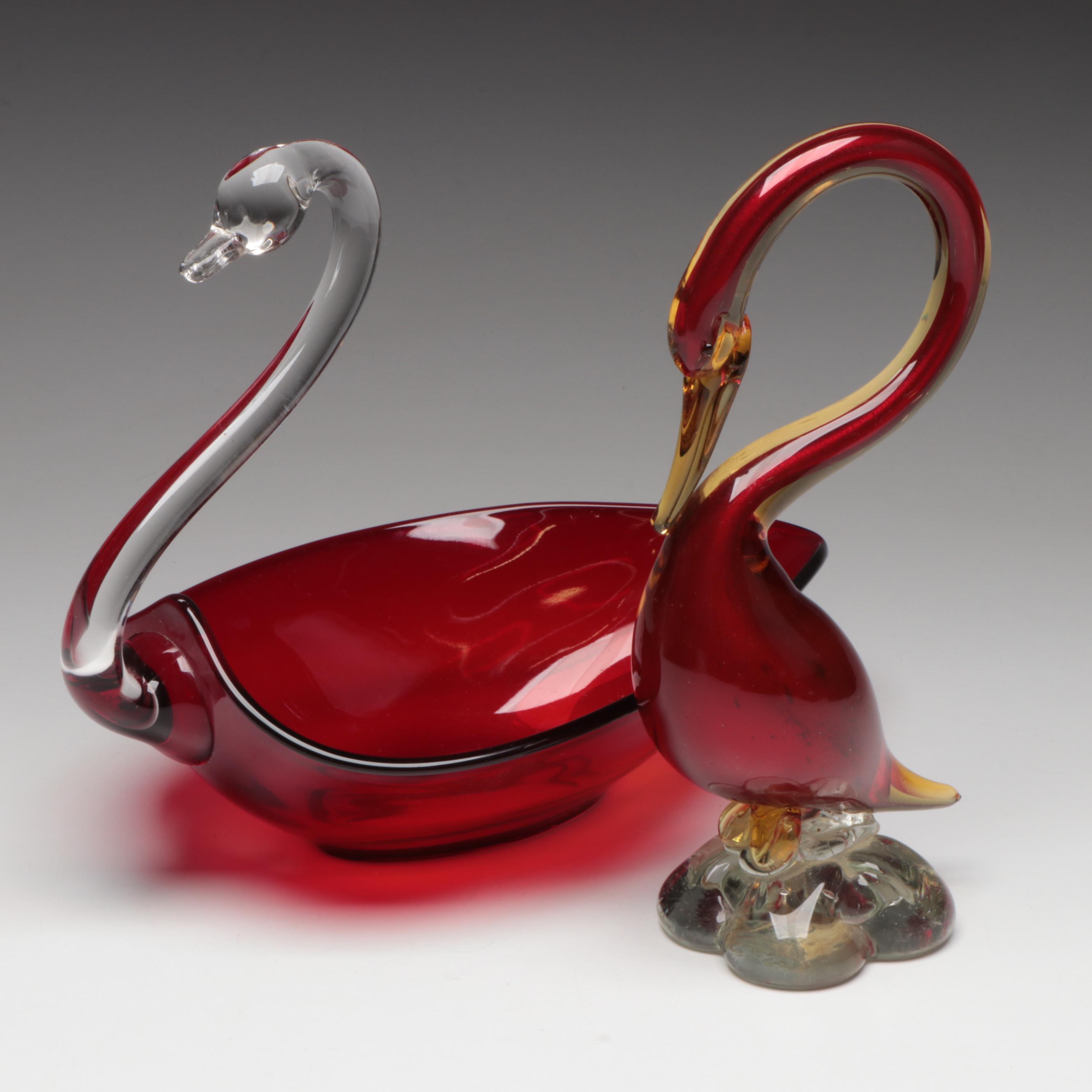Murano Glass Heron with Studio Glass Swan Bowl