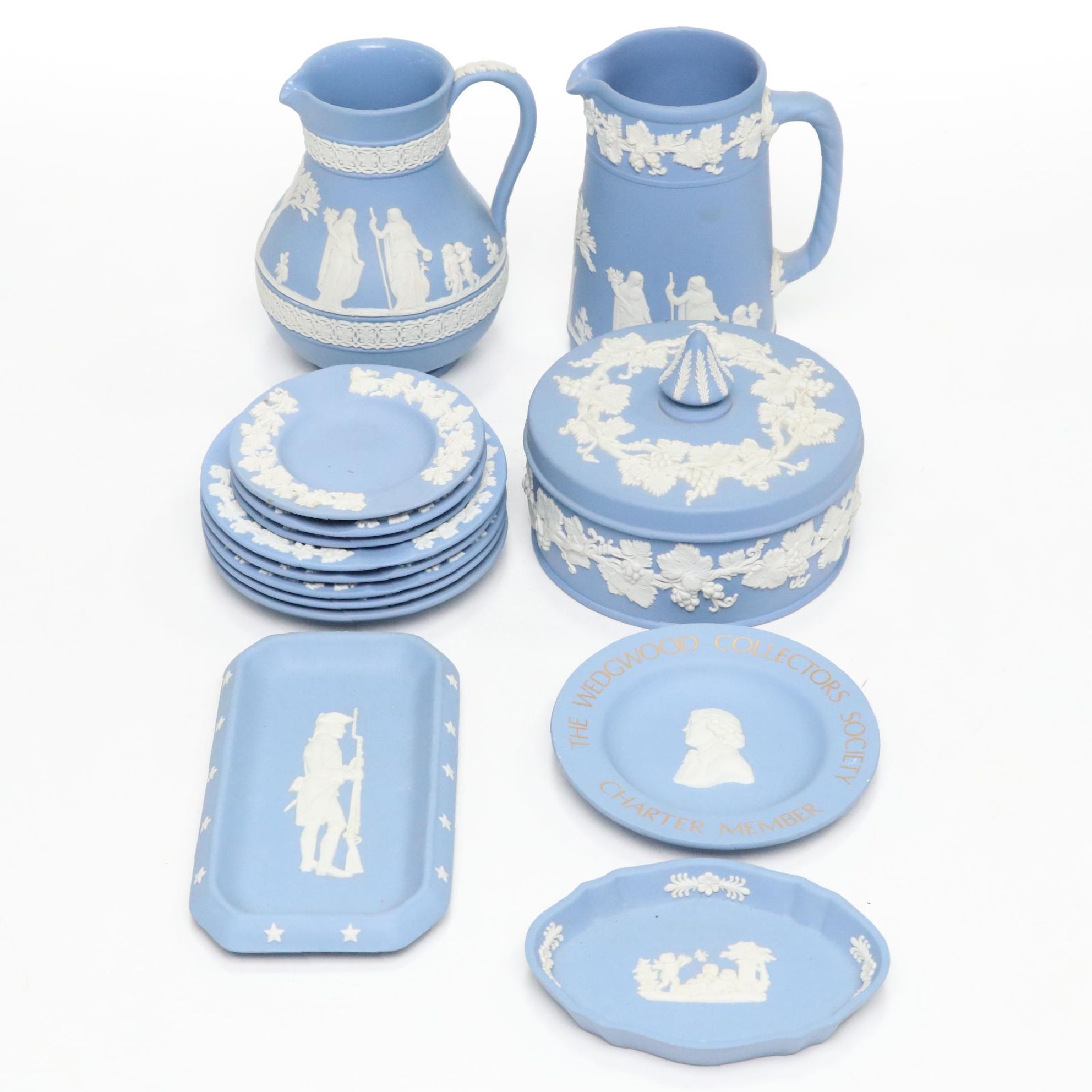 Wedgwood Blue Jasperware Pitchers, Ashtrays, Box, and Dishes