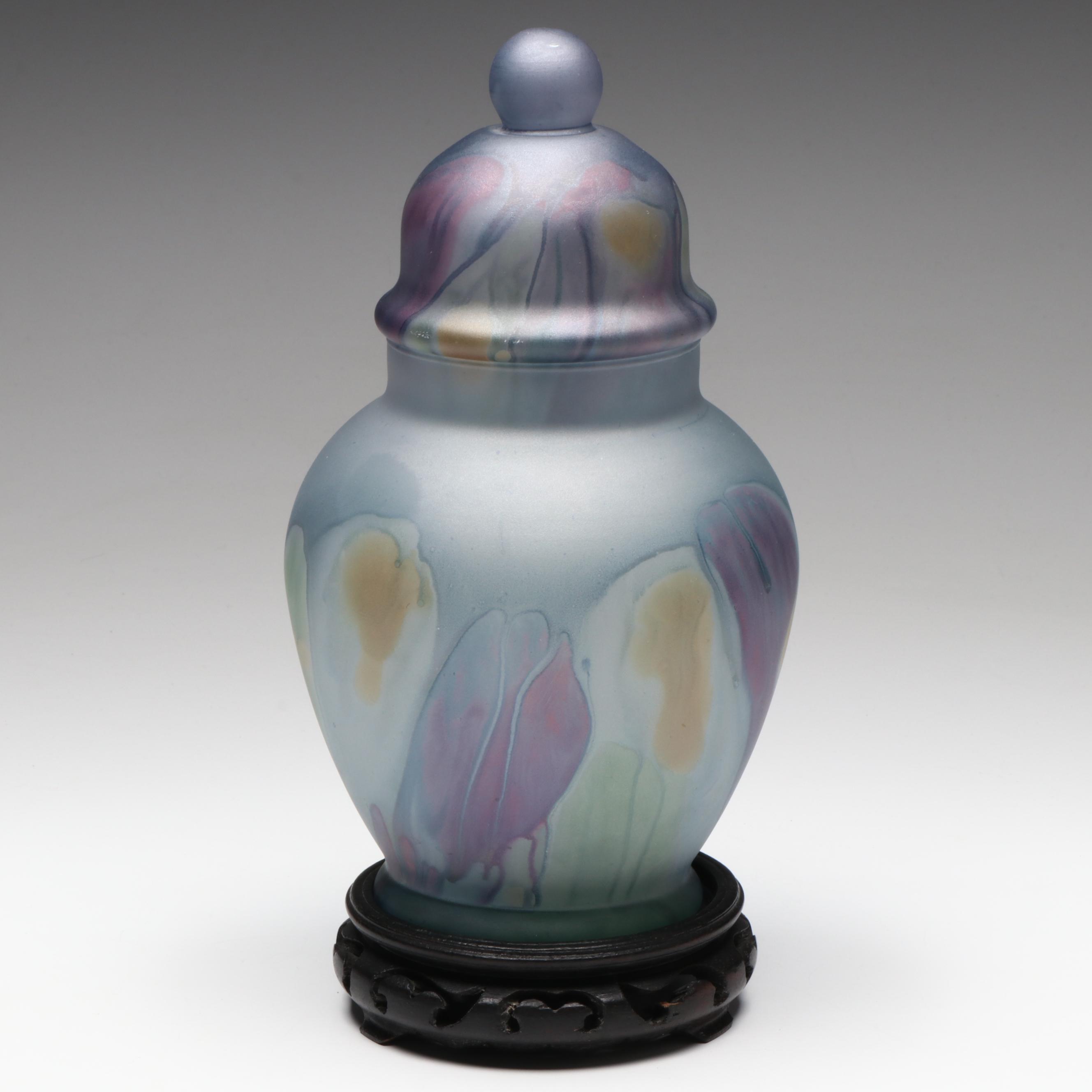 Rueven Glass Hand-Painted Glass Ginger Jar with Finished Wood Stand