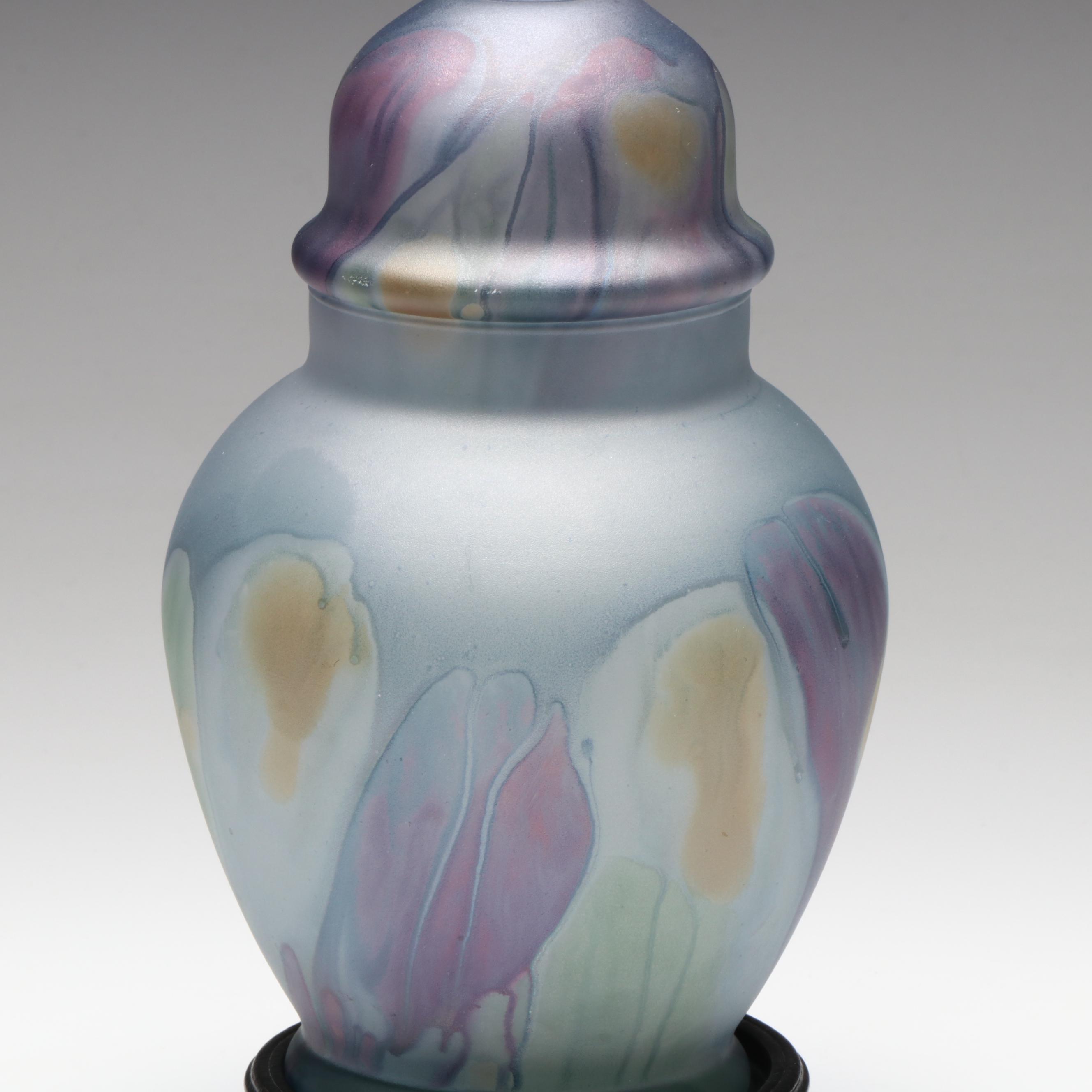 Rueven Glass Hand-Painted Glass Ginger Jar with Finished Wood Stand