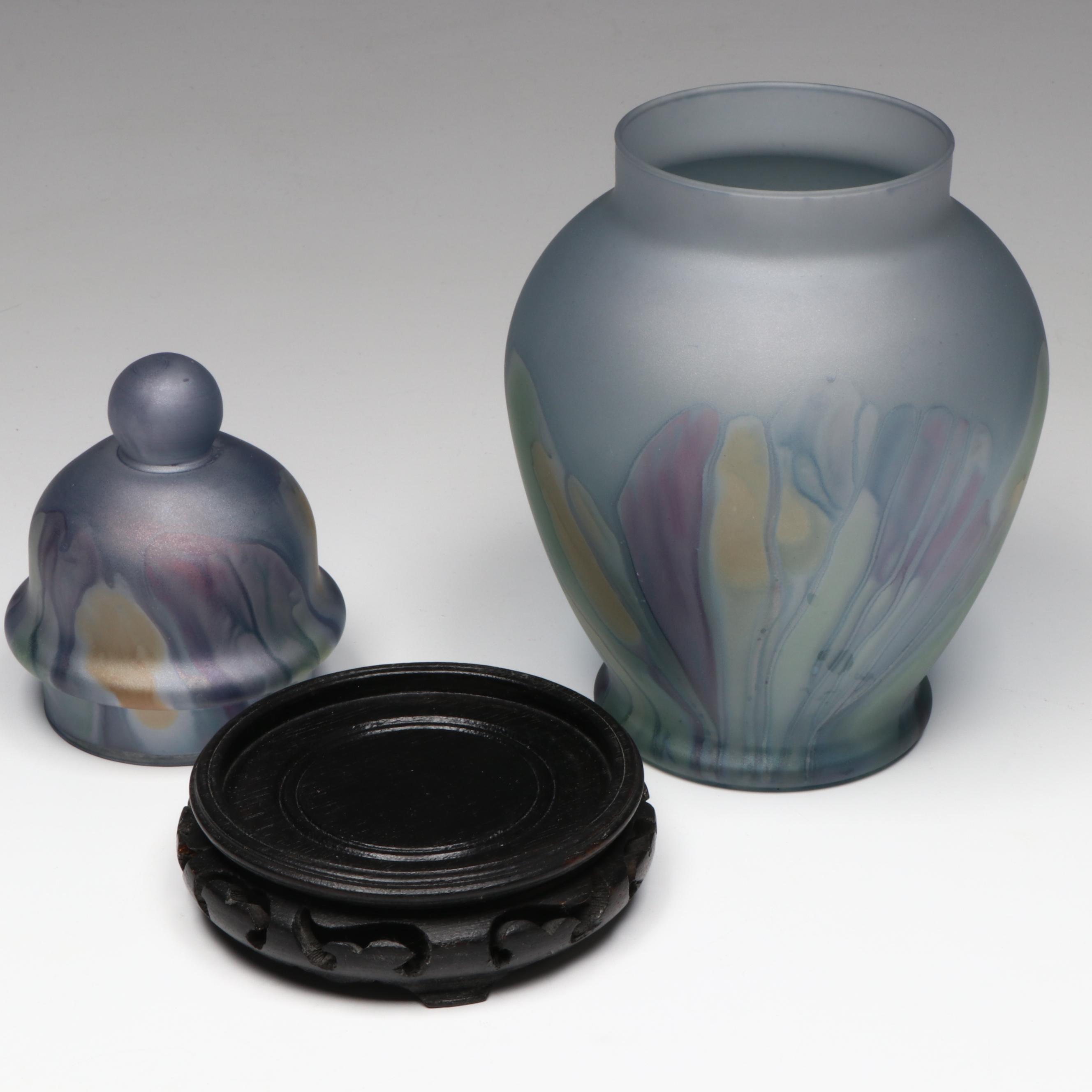 Rueven Glass Hand-Painted Glass Ginger Jar with Finished Wood Stand