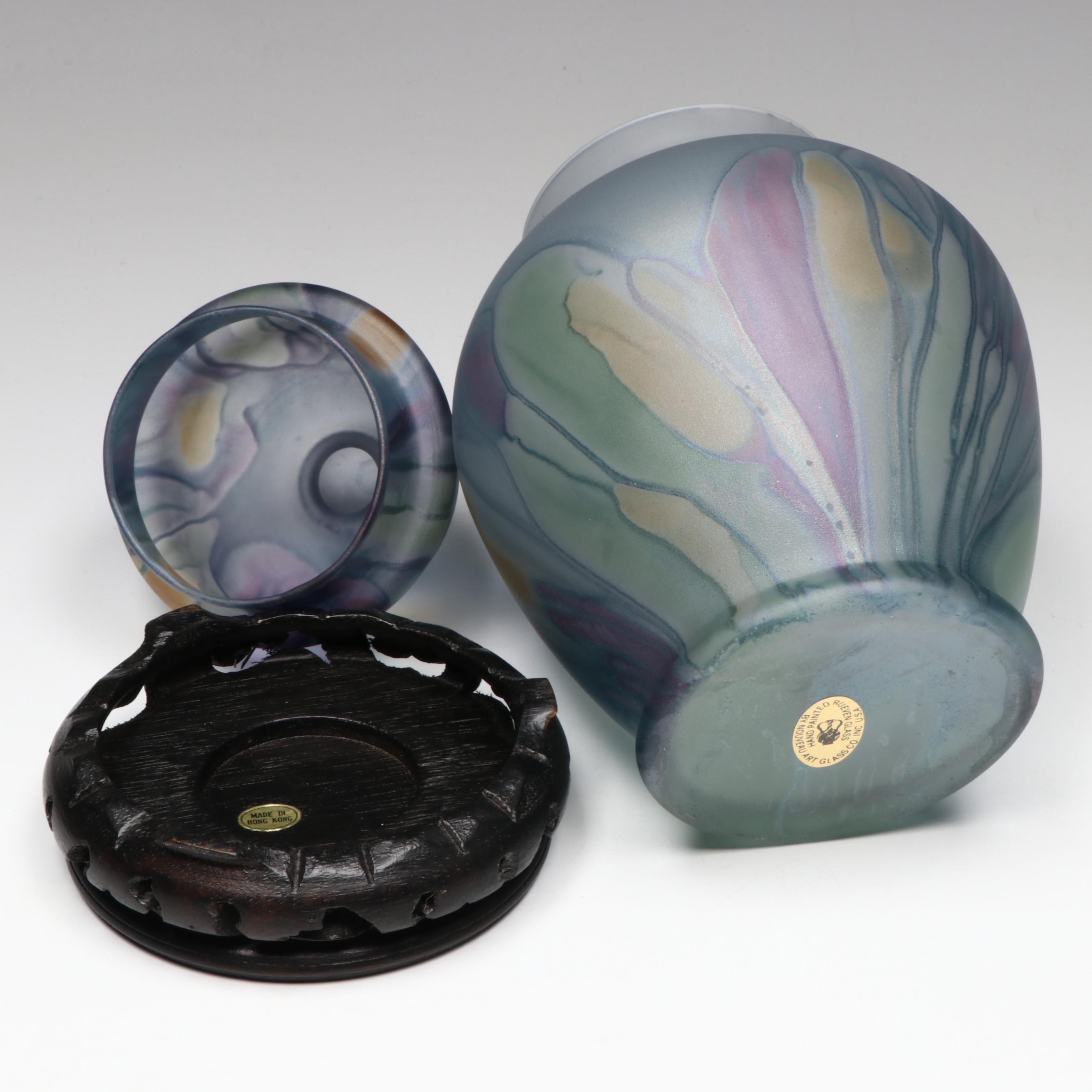 Rueven Glass Hand-Painted Glass Ginger Jar with Finished Wood Stand